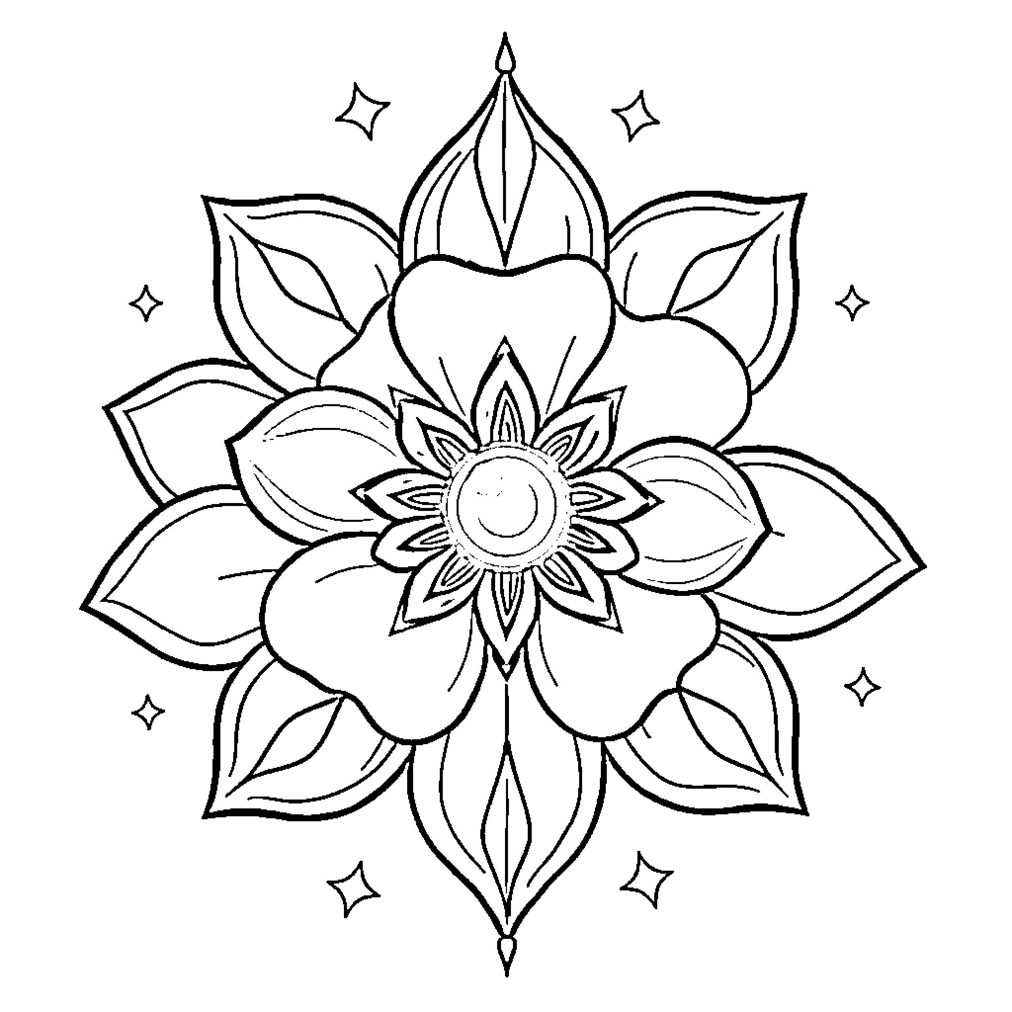 Flower mandala with intricate design Coloring Page (free black-and-white line drawing printable PDF for all, from beginners to advanced learners, including children, teens, adults, and seniors)