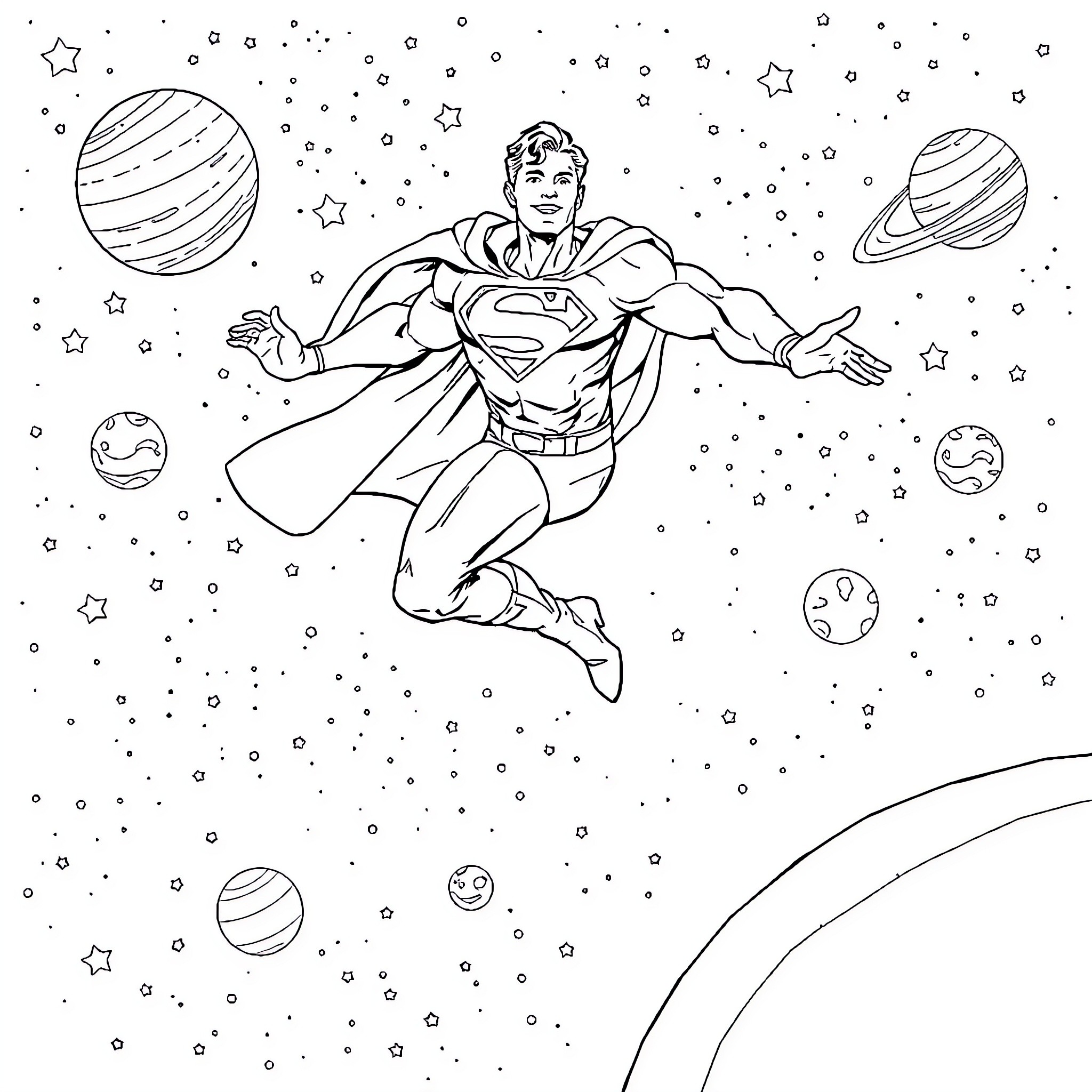 Superman soaring through the cosmic space Coloring Page (free black-and-white line drawing printable PDF for all, from beginners to advanced learners, including children, teens, adults, and seniors)