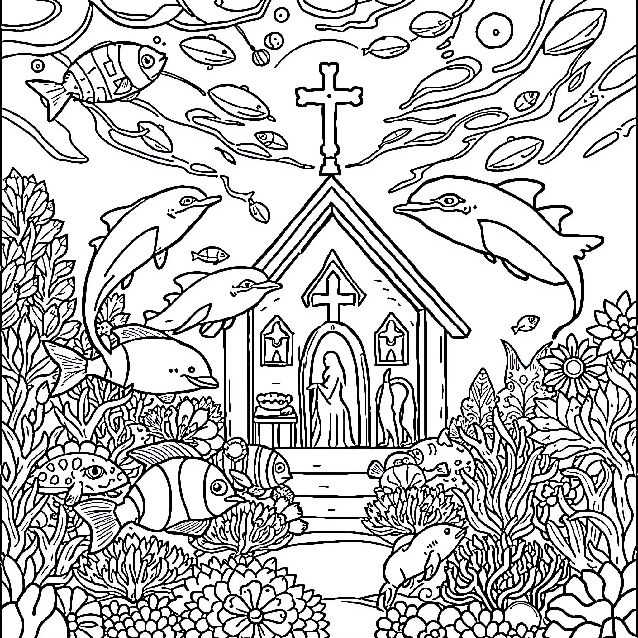 Ocean Animal Worship and Faith Coloring Page (free black-and-white line drawing printable PDF for all, from beginners to advanced learners, including children, teens, adults, and seniors)