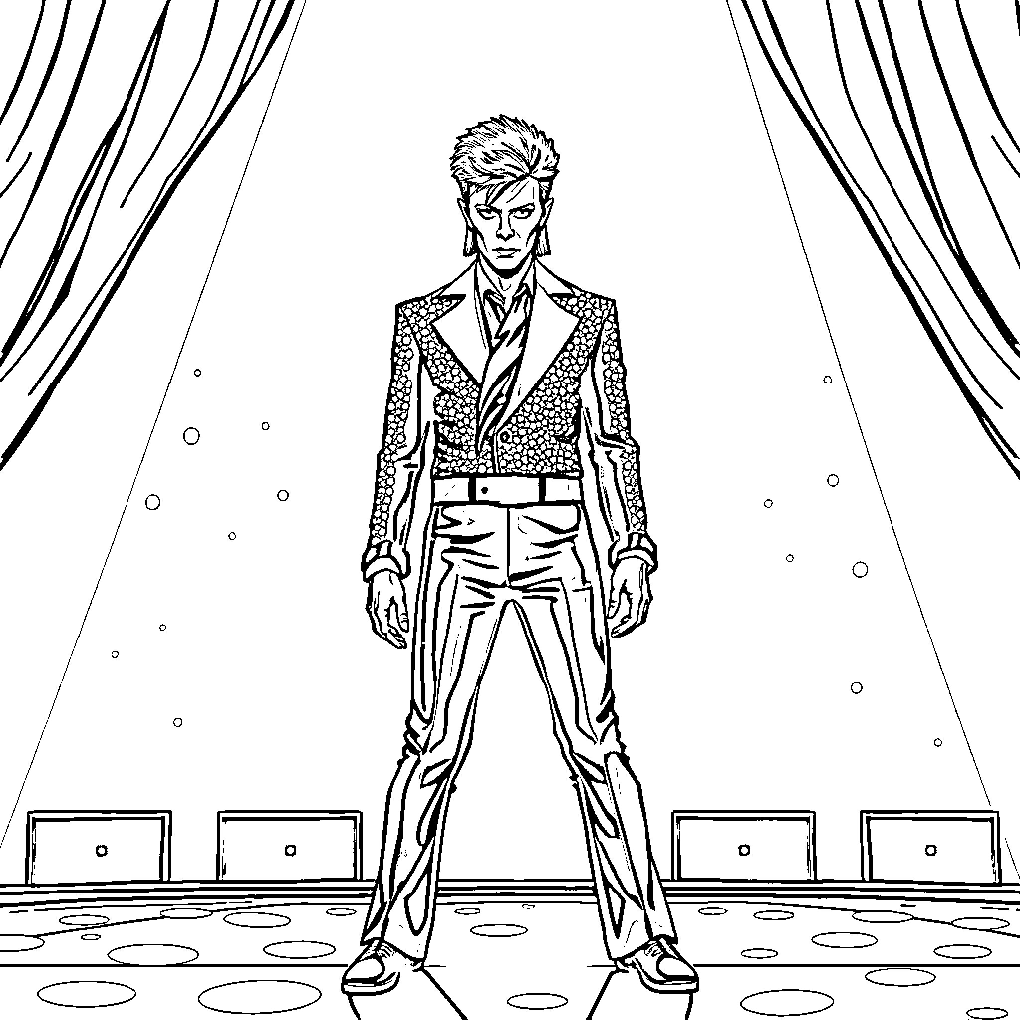 David Bowie standing confidently on stage Coloring Page (free black-and-white line drawing printable PDF for all, from beginners to advanced learners, including children, teens, adults, and seniors)