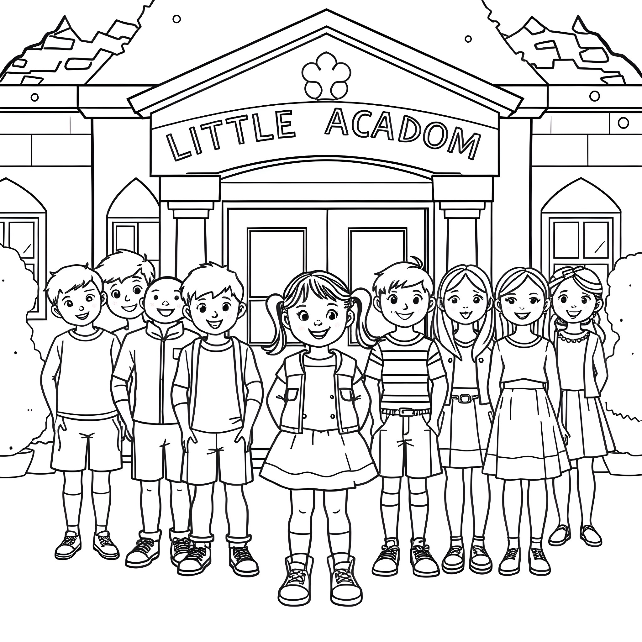 Girl students standing in front of little school Coloring Page (free black-and-white line drawing printable PDF for all, from beginners to advanced learners, including children, teens, adults, and seniors)