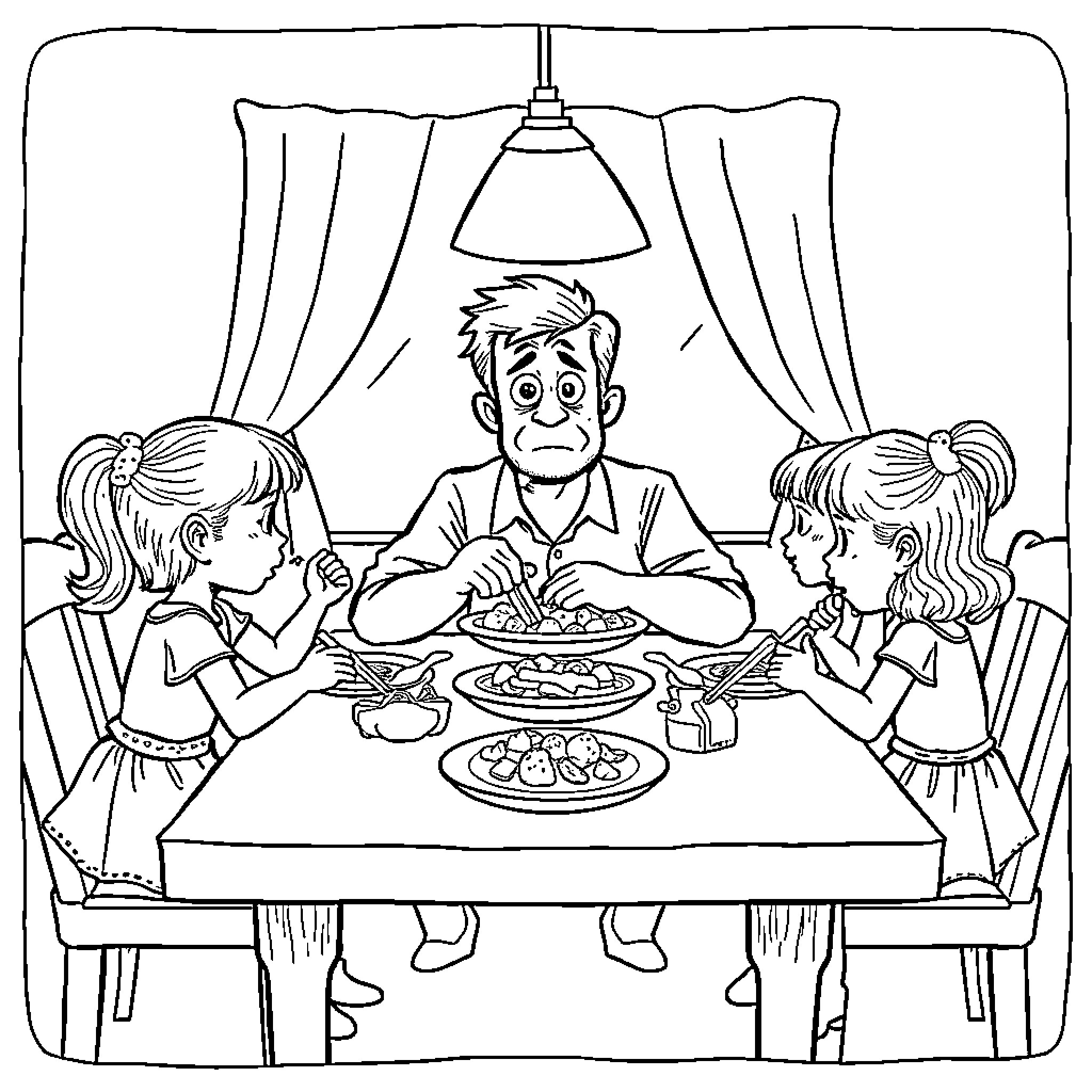Dad enjoys a family meal with his daughters Coloring Page (free black-and-white line drawing printable PDF for all, from beginners to advanced learners, including children, teens, adults, and seniors)