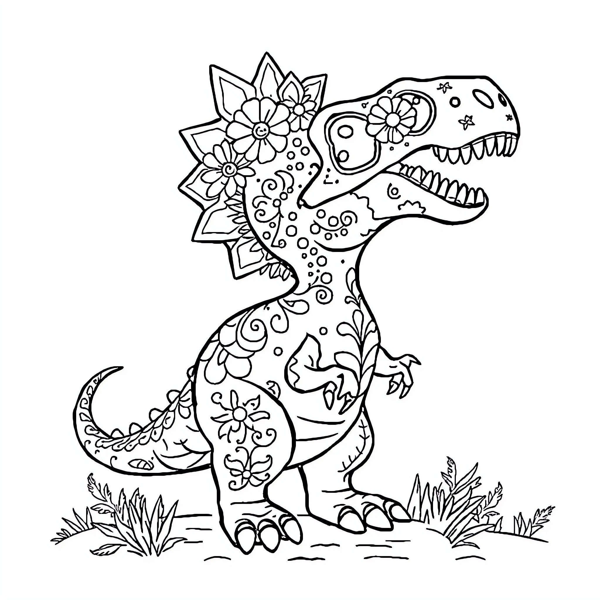 Dinosaur with Floral Decorations in Nature Coloring Page (free black-and-white line drawing printable PDF for all, from beginners to advanced learners, including children, teens, adults, and seniors)