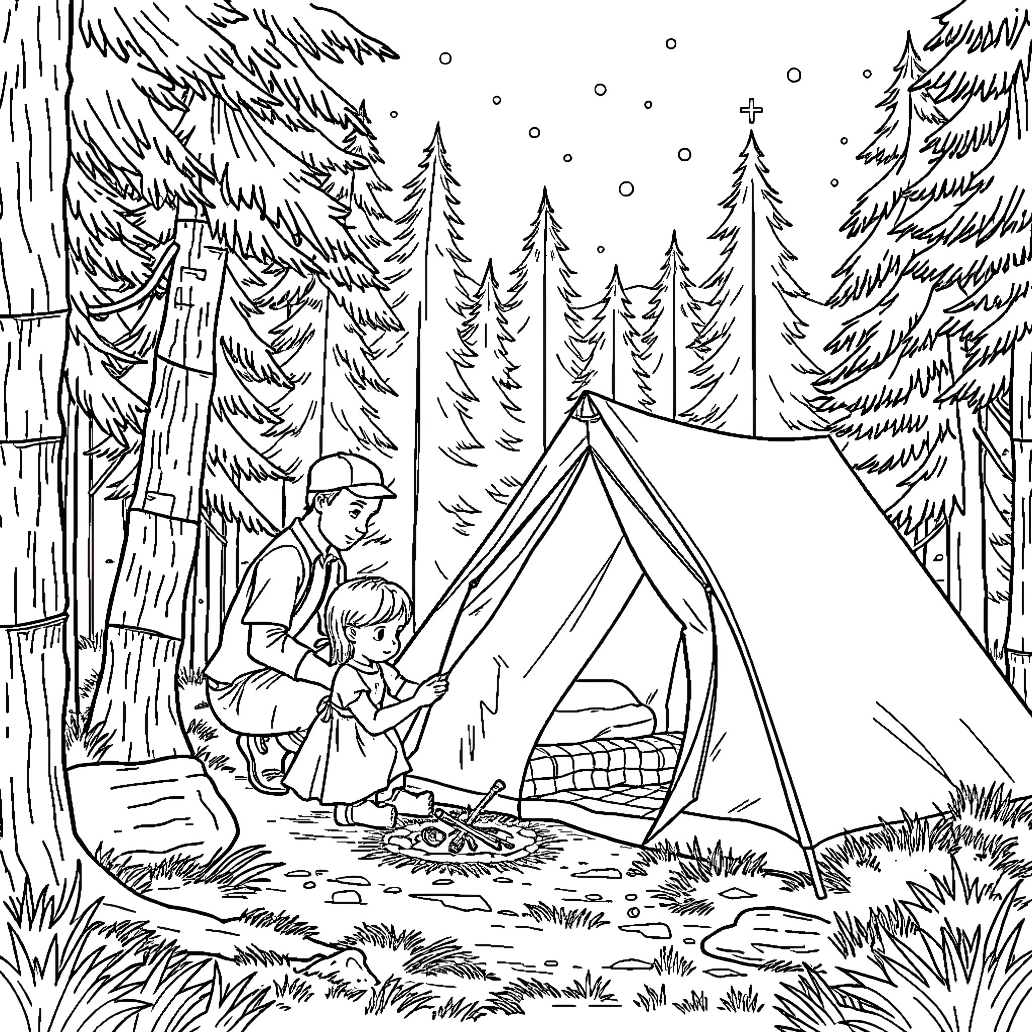 Camping in the Snowy Wilderness Coloring Page (free black-and-white line drawing printable PDF for all, from beginners to advanced learners, including children, teens, adults, and seniors)