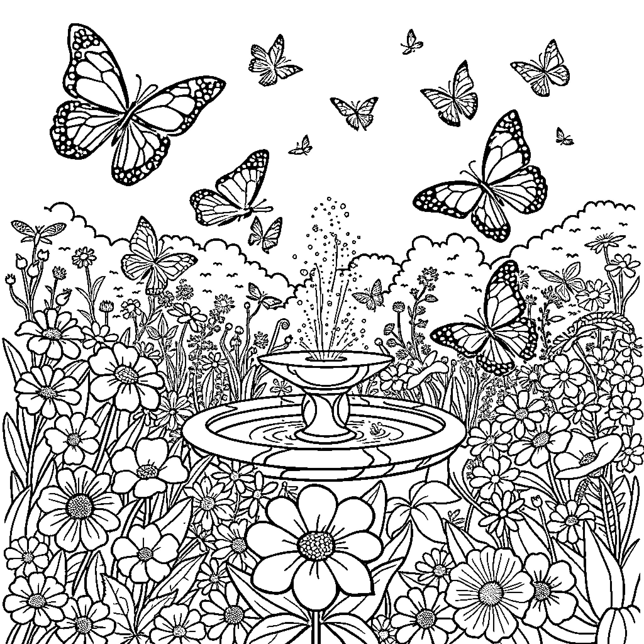 Butterfly Garden with Flowers and Fountain Coloring Page (free black-and-white line drawing printable PDF for all, from beginners to advanced learners, including children, teens, adults, and seniors)
