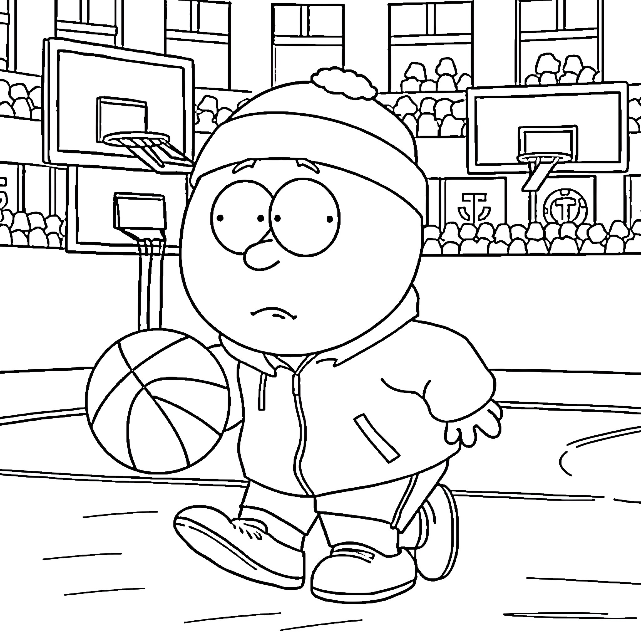 Cartman playing basketball on the court Coloring Page (free black-and-white line drawing printable PDF for all, from beginners to advanced learners, including children, teens, adults, and seniors)