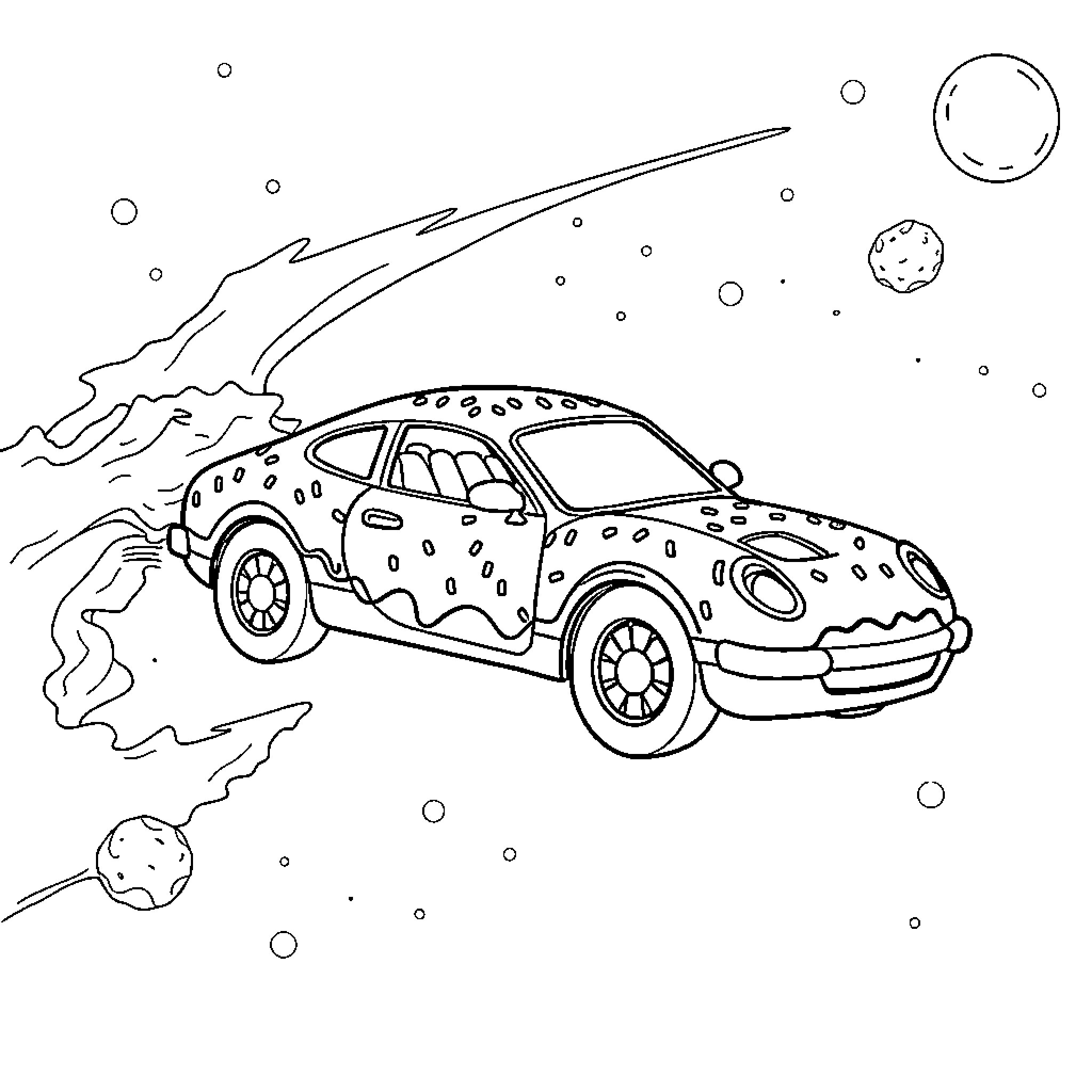 Car racing through the cosmos Coloring Page (free black-and-white line drawing printable PDF for all, from beginners to advanced learners, including children, teens, adults, and seniors)