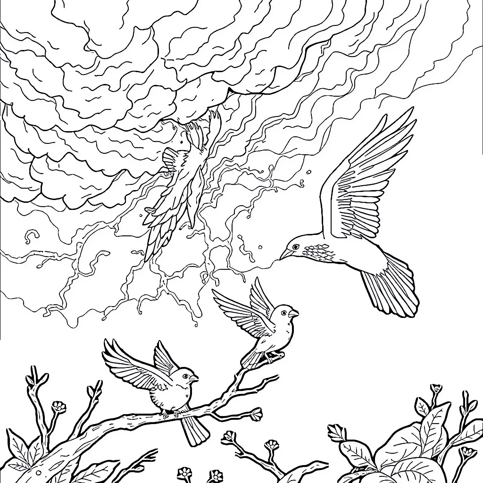 Tempestad: Birds soaring through swirling clouds and nature Coloring Page (free black-and-white line drawing printable PDF for all, from beginners to advanced learners, including children, teens, adults, and seniors)