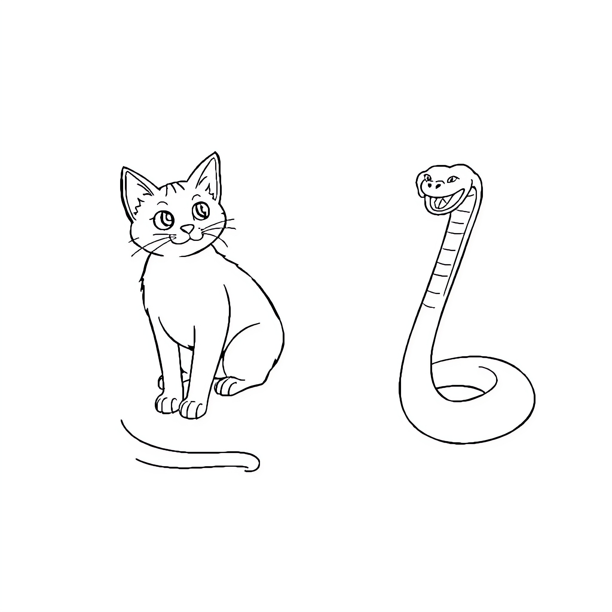 Cat and snake in simple line art Coloring Page (free black-and-white line drawing printable PDF for all, from beginners to advanced learners, including children, teens, adults, and seniors)
