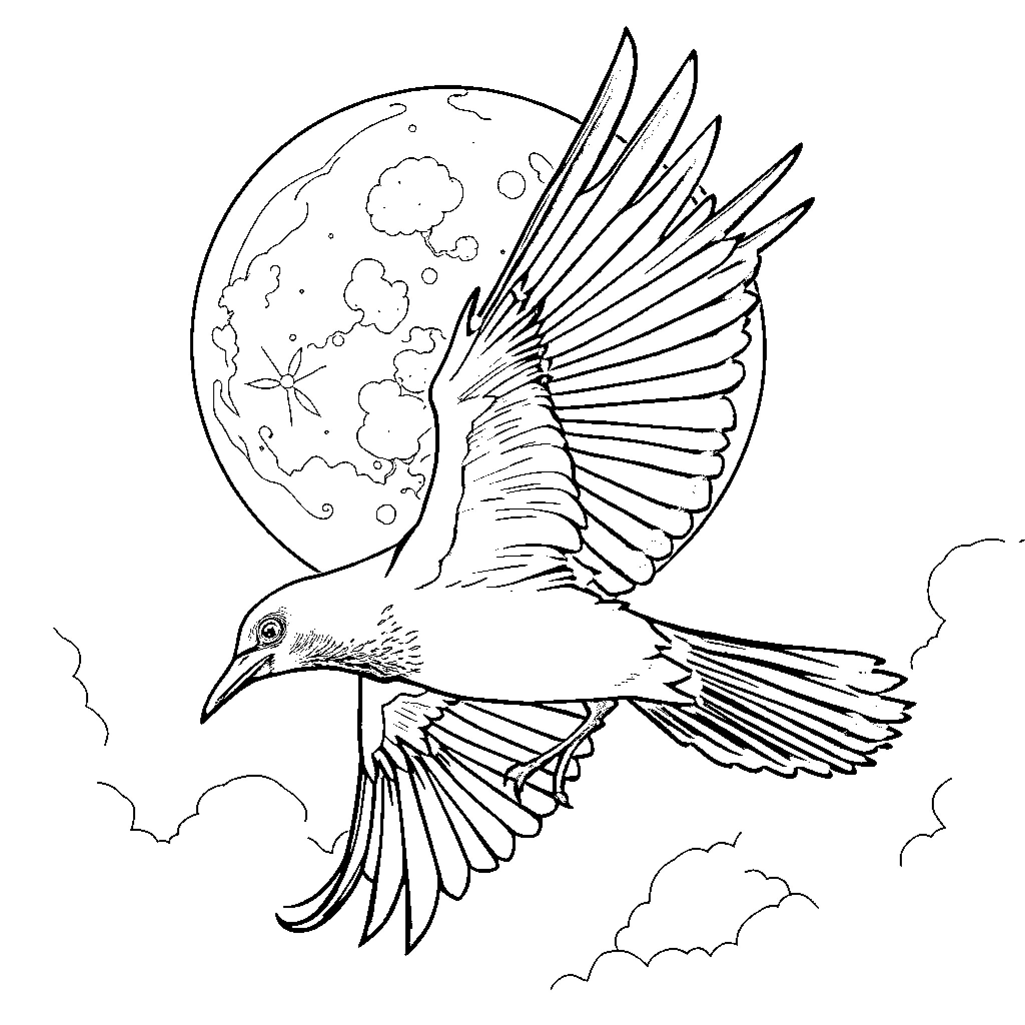 Cuervo soaring gracefully under the moon Coloring Page (free black-and-white line drawing printable PDF for all, from beginners to advanced learners, including children, teens, adults, and seniors)