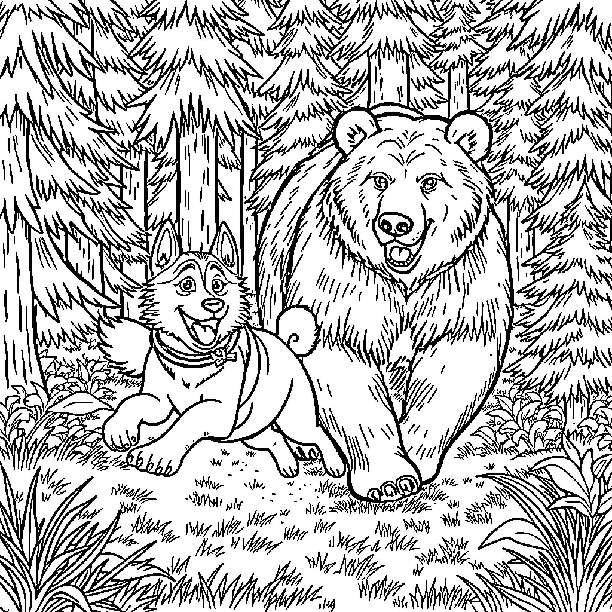 Husky companions exploring the forest Coloring Page (free black-and-white line drawing printable PDF for all, from beginners to advanced learners, including children, teens, adults, and seniors)