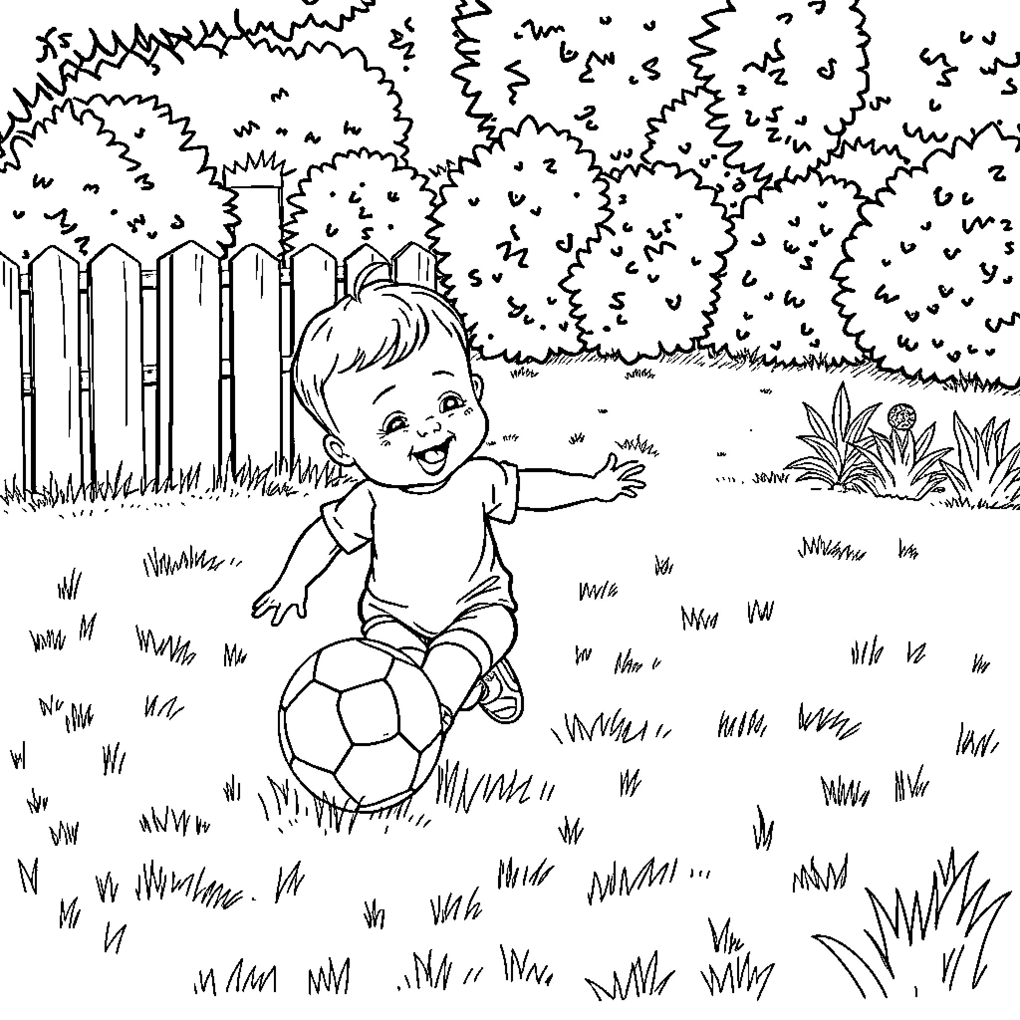 Baby playing joyfully with soccer ball in garden Coloring Page (free black-and-white line drawing printable PDF for all, from beginners to advanced learners, including children, teens, adults, and seniors)