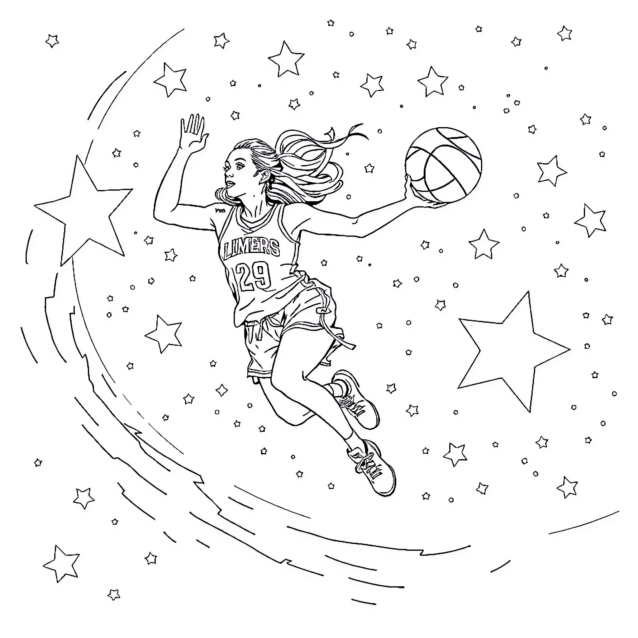 Jenna Ortega playing basketball among the stars Coloring Page (free black-and-white line drawing printable PDF for all, from beginners to advanced learners, including children, teens, adults, and seniors)