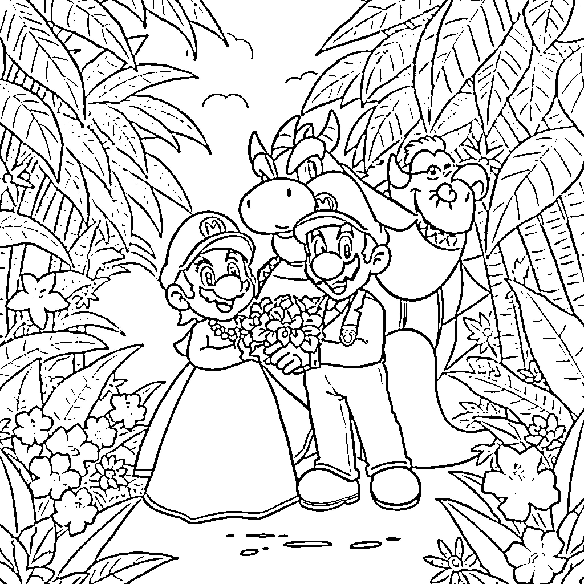 Mario and Yoshi in a tropical jungle adventure Coloring Page (free black-and-white line drawing printable PDF for all, from beginners to advanced learners, including children, teens, adults, and seniors)