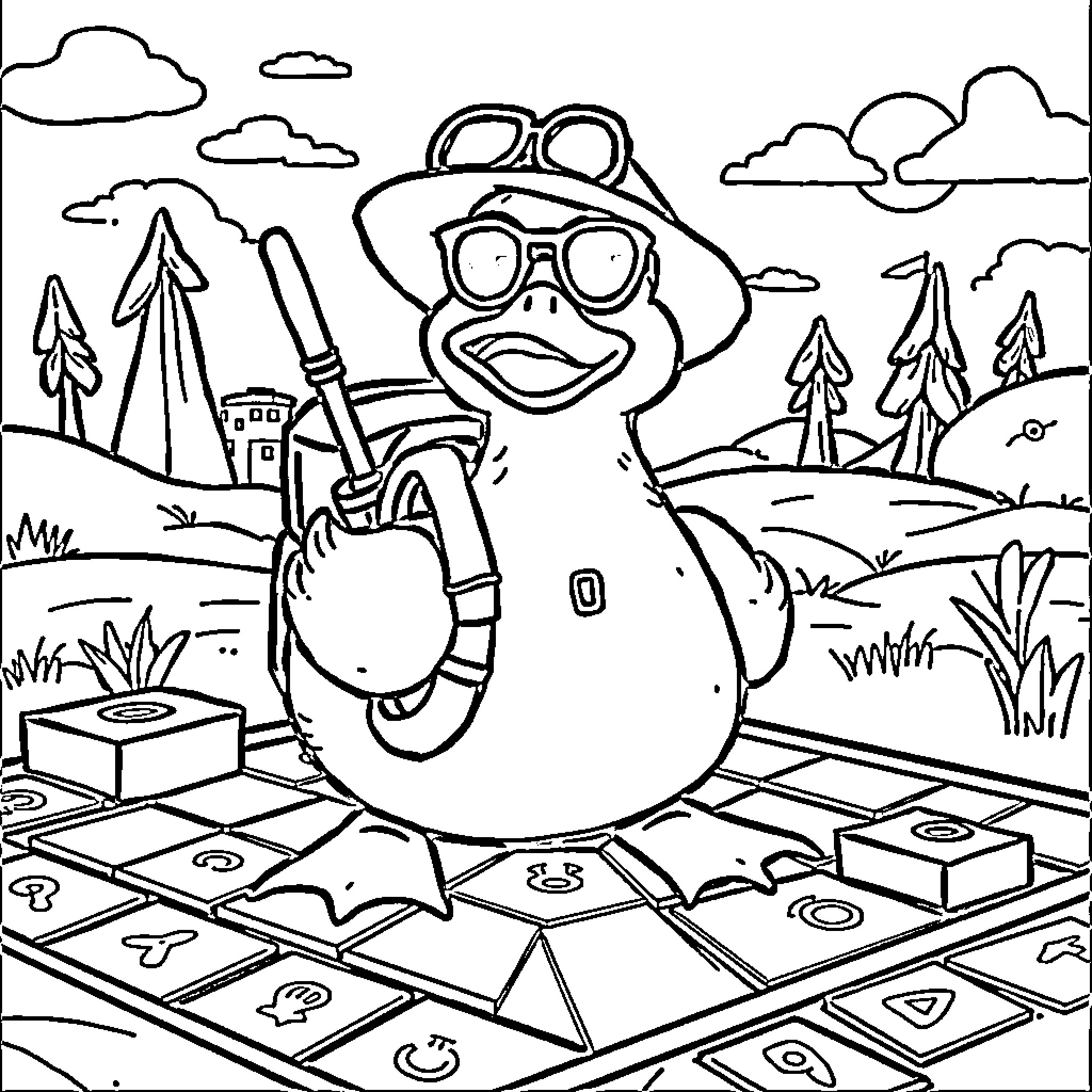Duck Exploring Geometric Landscape Coloring Page (free black-and-white line drawing printable PDF for all, from beginners to advanced learners, including children, teens, adults, and seniors)
