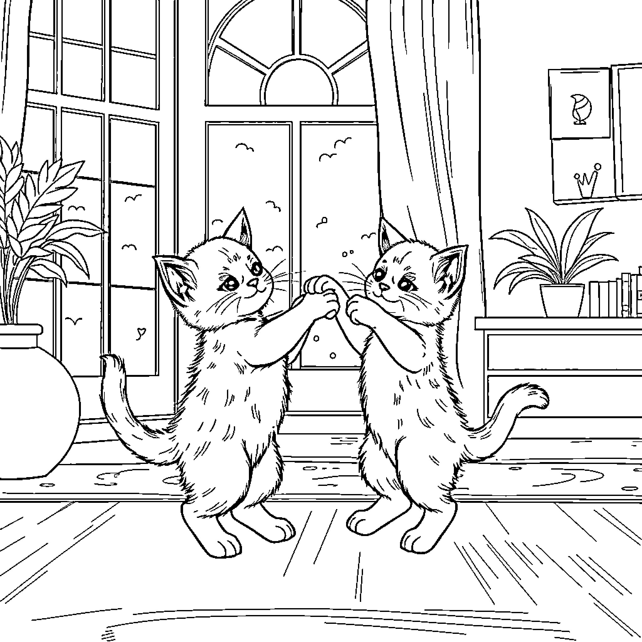 Kittens playing joyfully in a cozy indoor scene Coloring Page (free black-and-white line drawing printable PDF for all, from beginners to advanced learners, including children, teens, adults, and seniors)