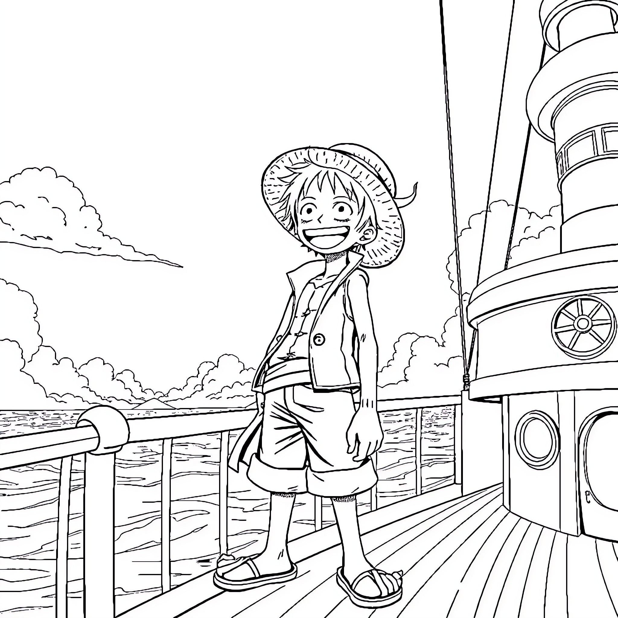 Luffy's Seafaring Adventures on the Deck Coloring Page (free black-and-white line drawing printable PDF for all, from beginners to advanced learners, including children, teens, adults, and seniors)