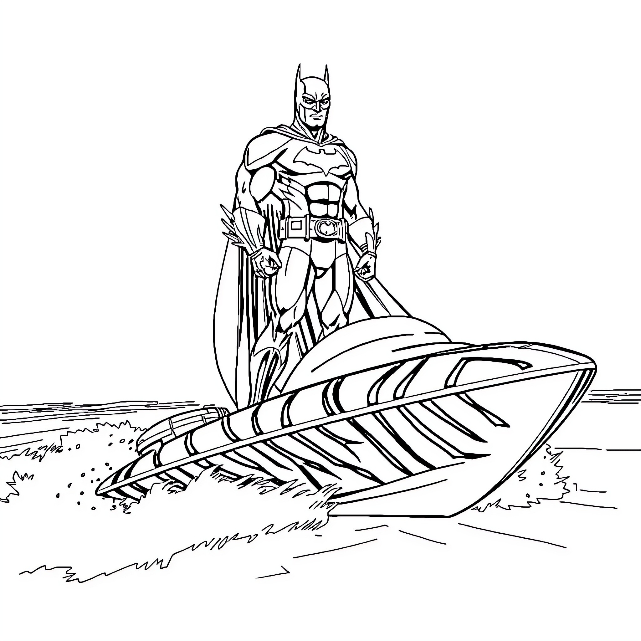 Batman races on a futuristic vehicle Coloring Page (free black-and-white line drawing printable PDF for all, from beginners to advanced learners, including children, teens, adults, and seniors)