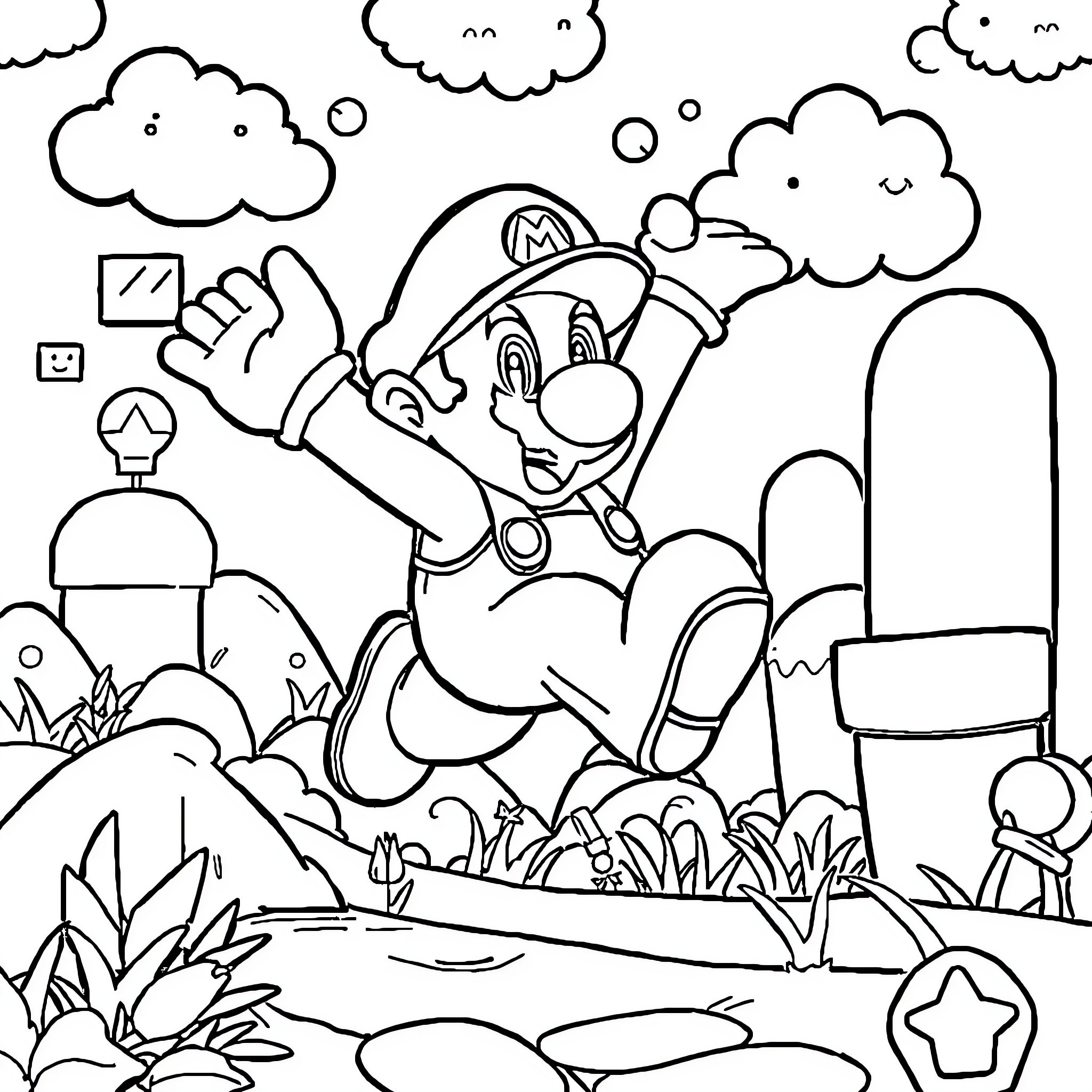 Super Mario Adventuring in the Whimsical Landscape Coloring Page (free black-and-white line drawing printable PDF for all, from beginners to advanced learners, including children, teens, adults, and seniors)