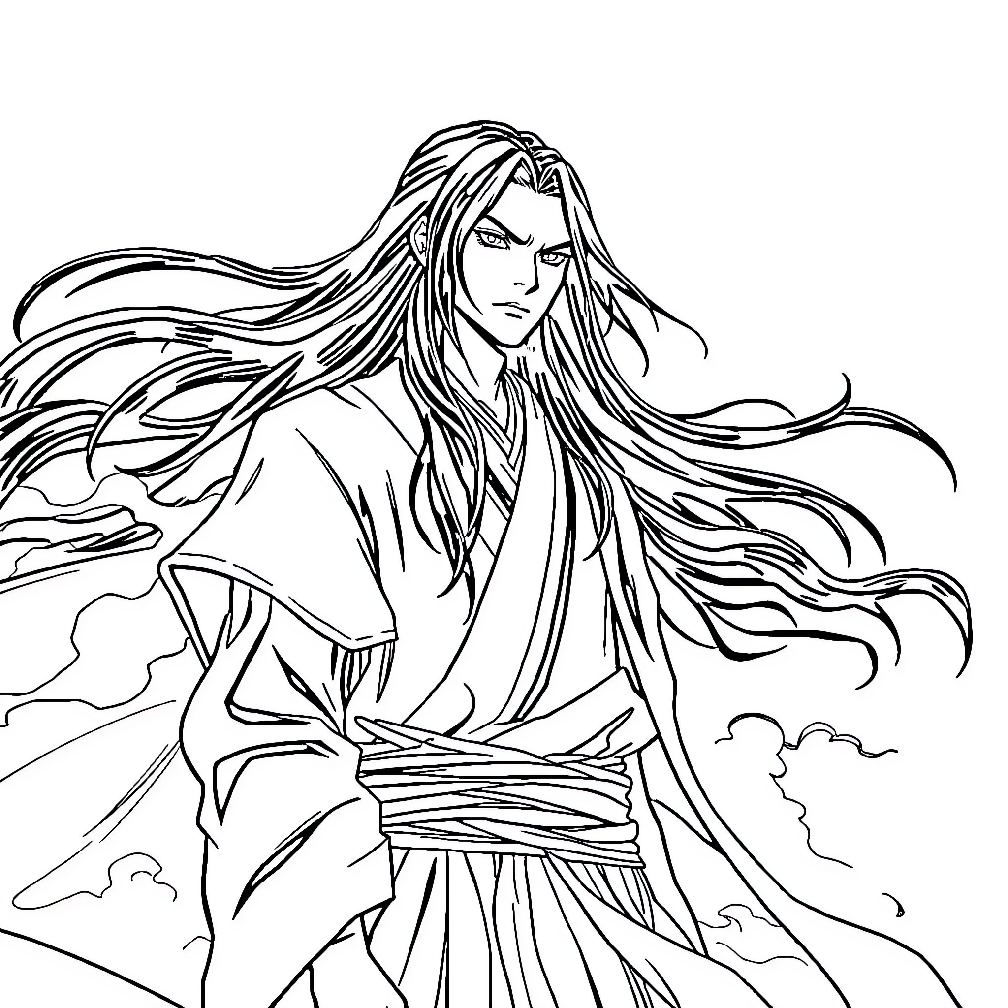Itachi in Contemplative Pose with Flowing Robes Coloring Page (free black-and-white line drawing printable PDF for all, from beginners to advanced learners, including children, teens, adults, and seniors)