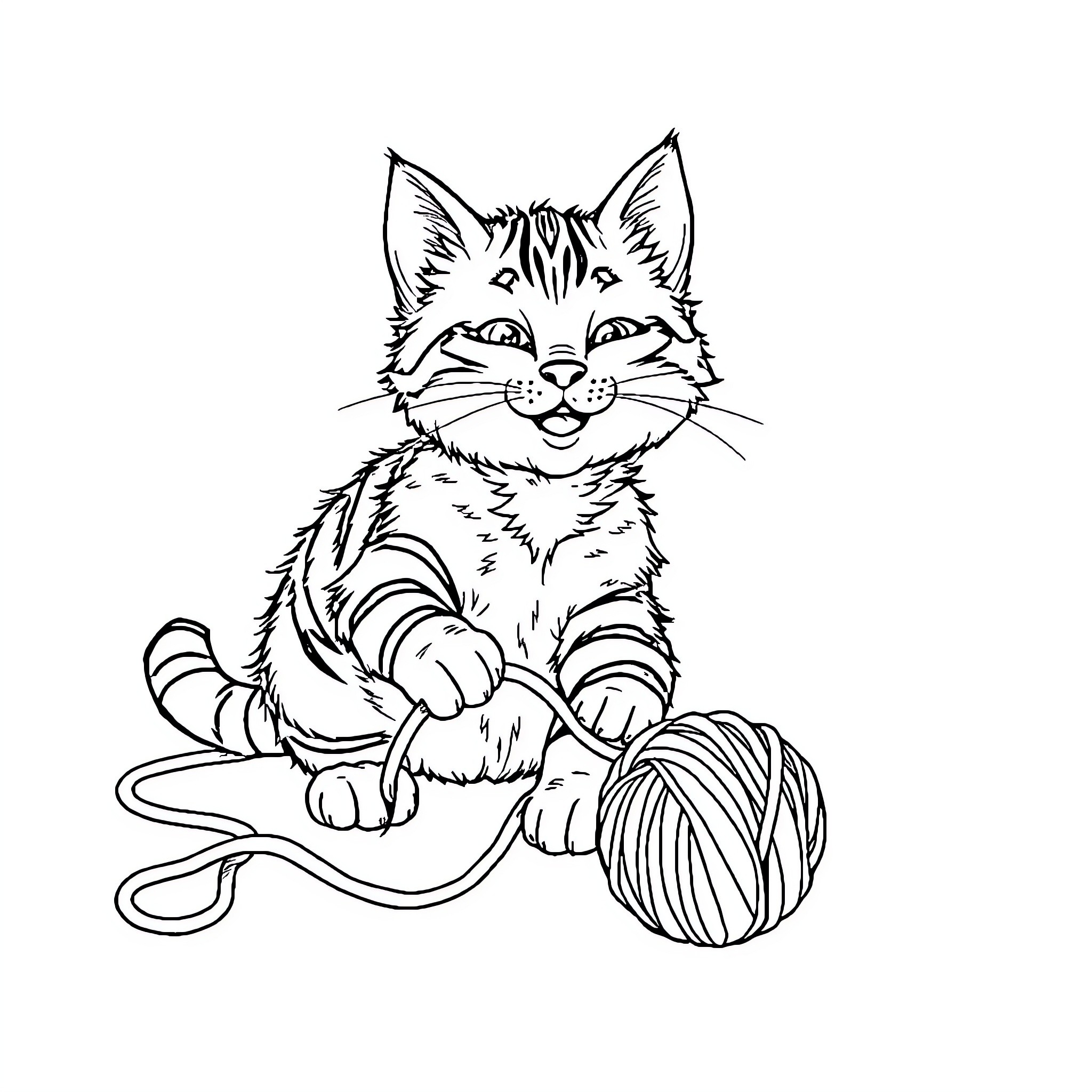 Cat playing with yarn in black and white Coloring Page (free black-and-white line drawing printable PDF for all, from beginners to advanced learners, including children, teens, adults, and seniors)