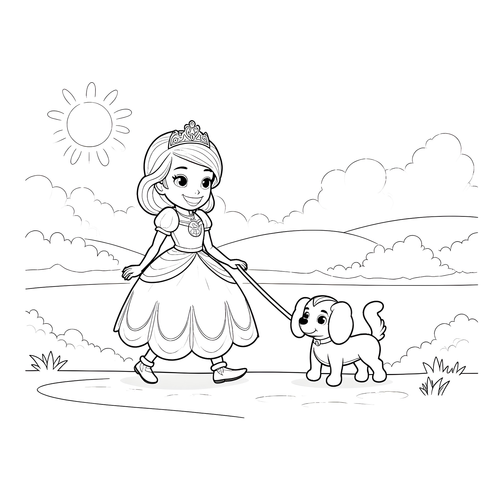 Sofia walking her pet puppy in the park Coloring Page (free black-and-white line drawing printable PDF for all, from beginners to advanced learners, including children, teens, adults, and seniors)