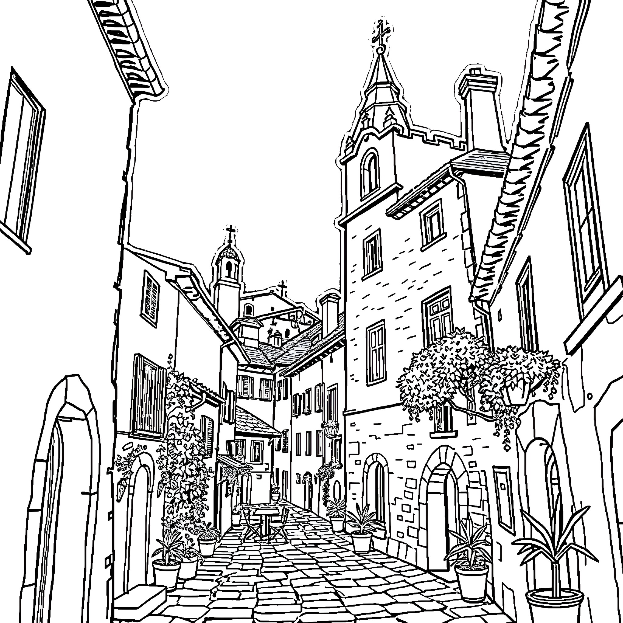 Poble de Sant Jordi: Historic town with architectural details Coloring Page (free black-and-white line drawing printable PDF for all, from beginners to advanced learners, including children, teens, adults, and seniors)