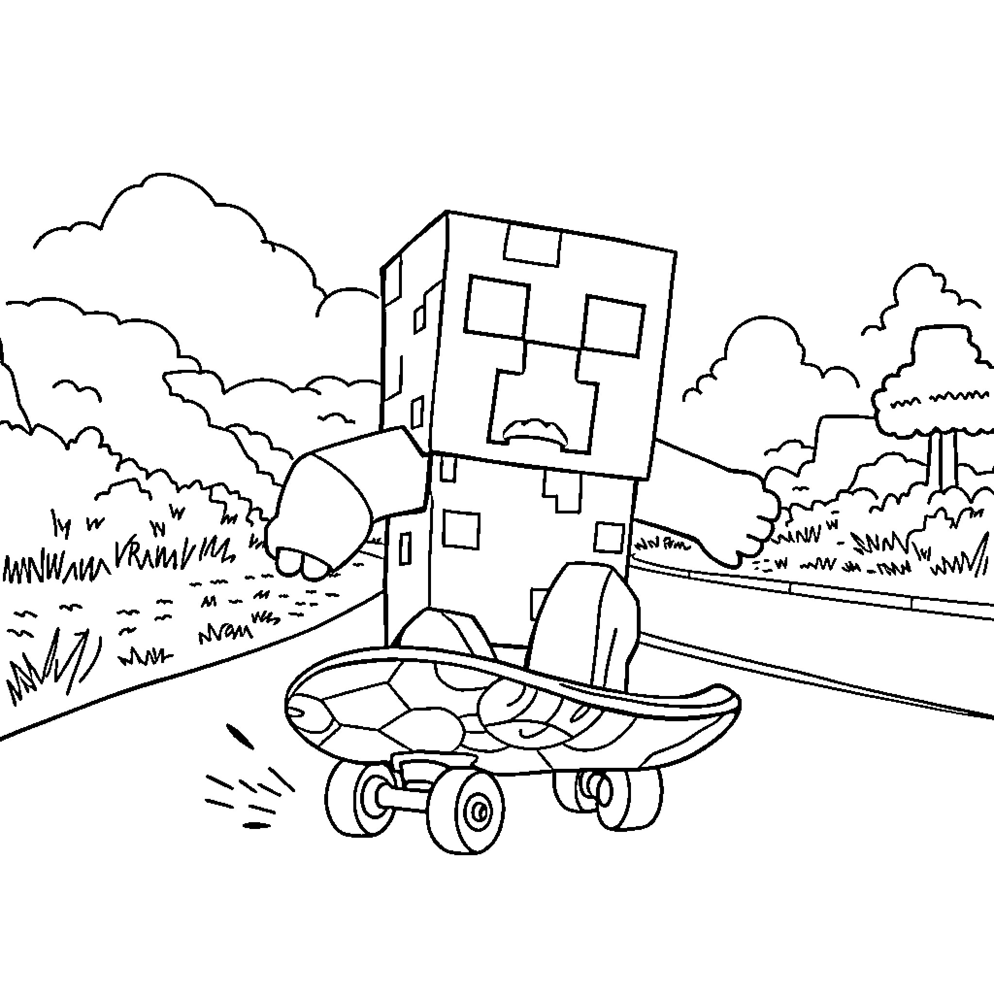 Creeper riding a skateboard in a natural setting Coloring Page (free black-and-white line drawing printable PDF for all, from beginners to advanced learners, including children, teens, adults, and seniors)