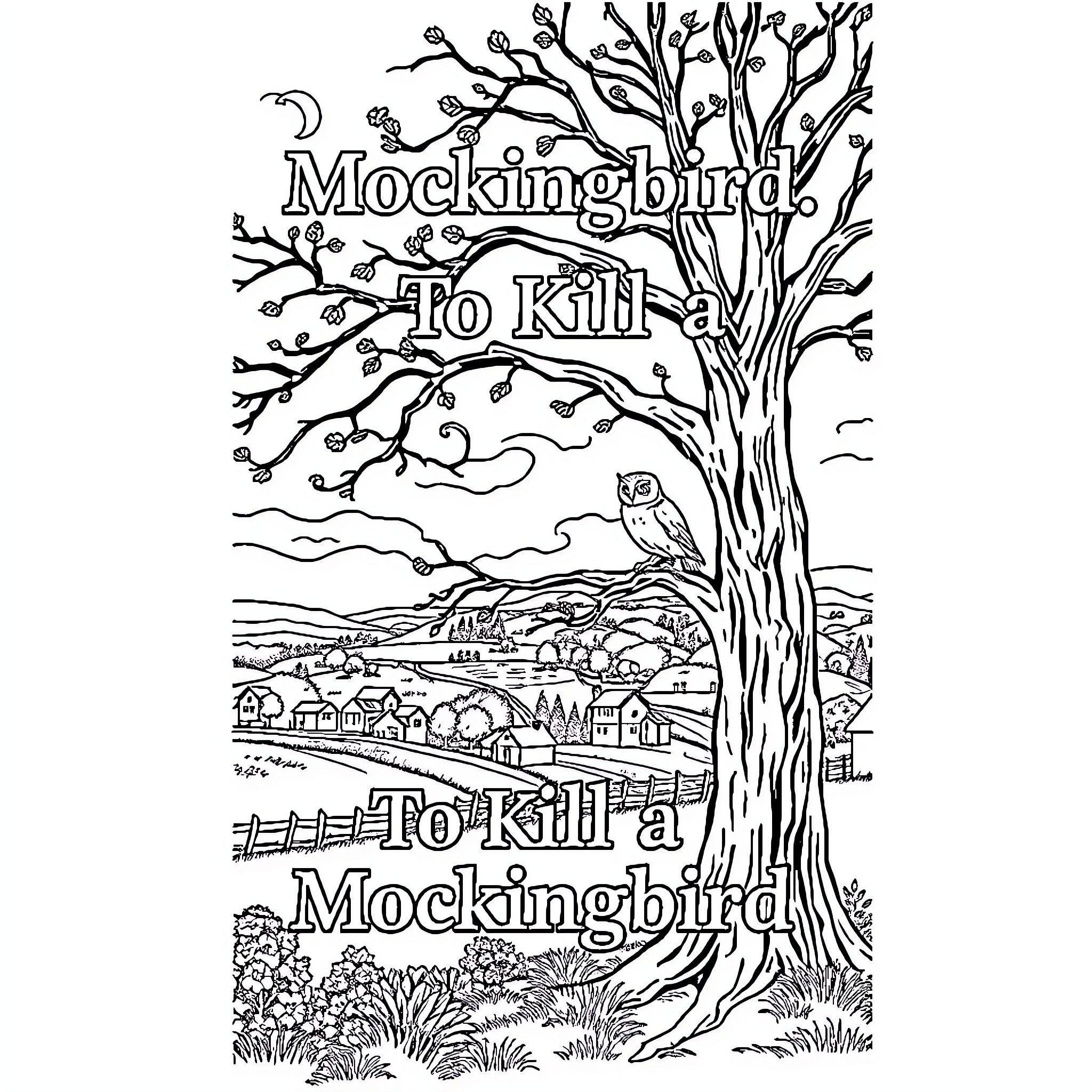 Book with tree, bird, and text about Mockingbird Coloring Page (free black-and-white line drawing printable PDF for all, from beginners to advanced learners, including children, teens, adults, and seniors)