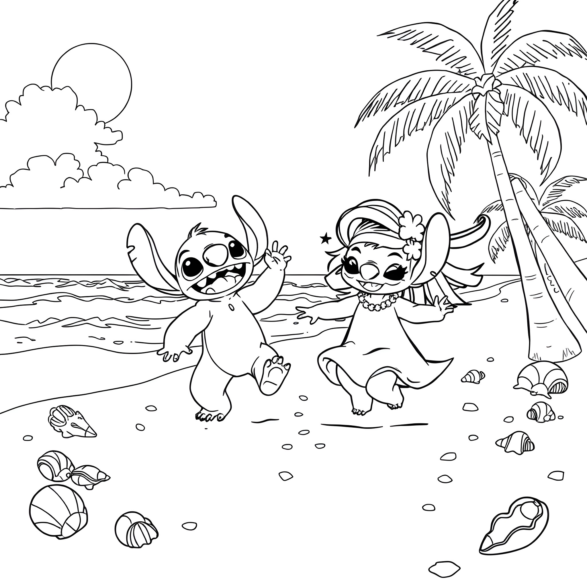 Lilo and Stitch playing on the beach Coloring Page (free black-and-white line drawing printable PDF for all, from beginners to advanced learners, including children, teens, adults, and seniors)