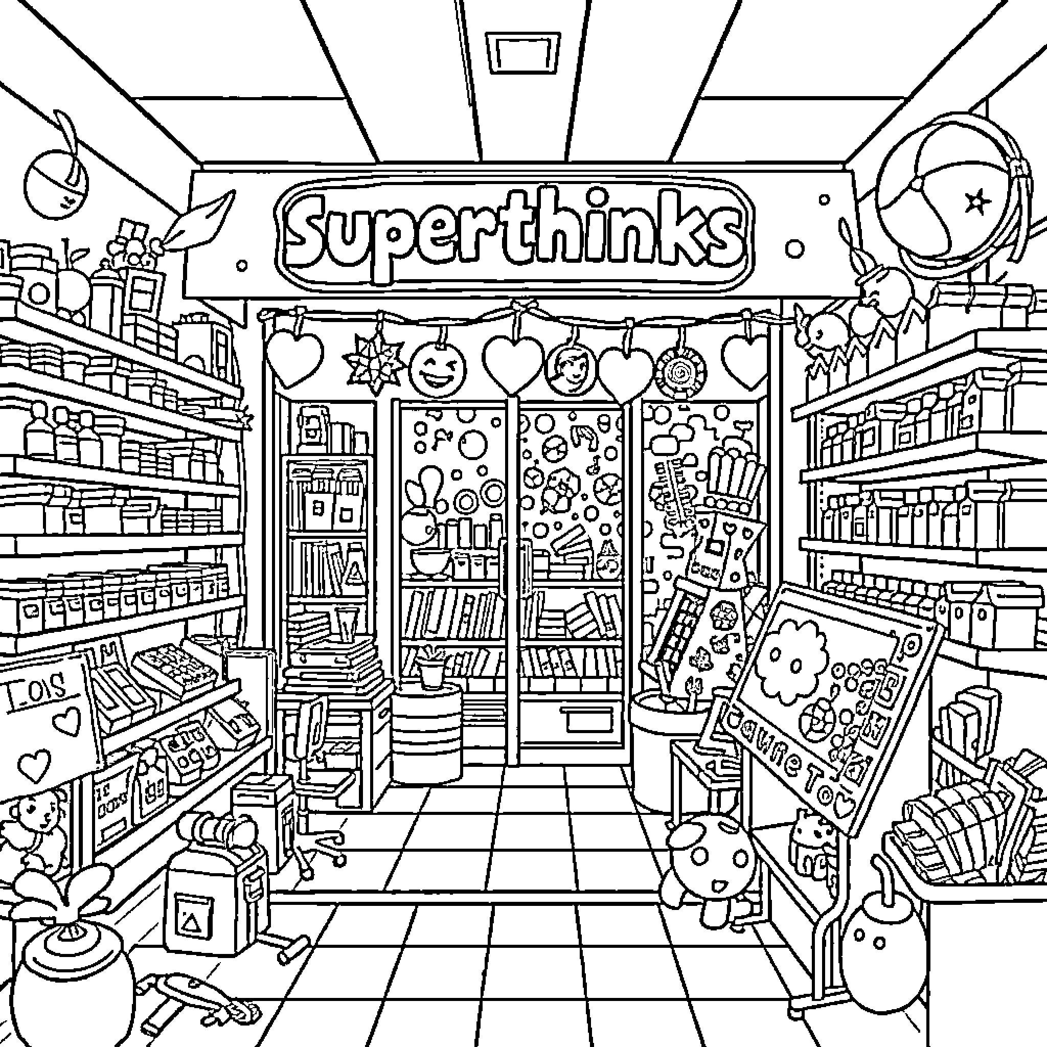 Superthinks - Whimsical Imaginative Retail Space Coloring Page (free black-and-white line drawing printable PDF for all, from beginners to advanced learners, including children, teens, adults, and seniors)