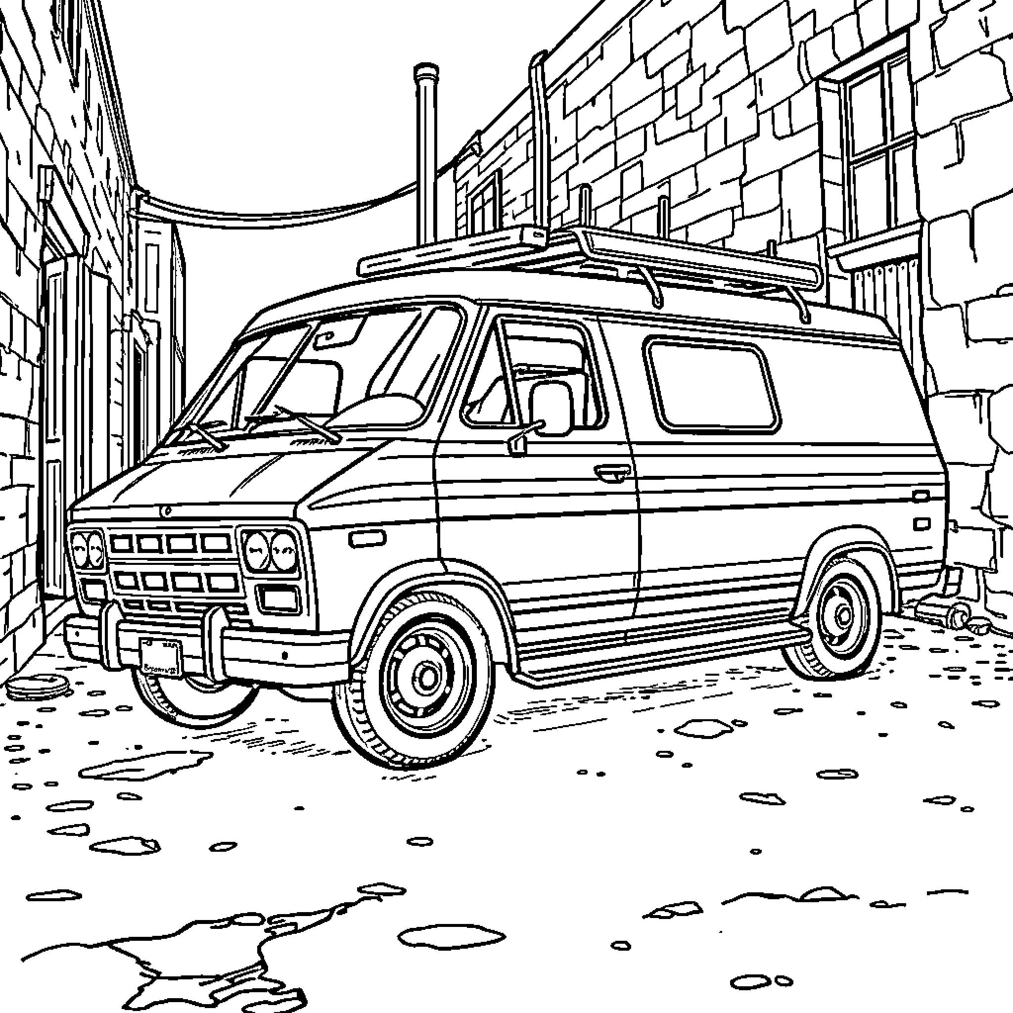 A-Team Van in an Alleyway Sketch Coloring Page (free black-and-white line drawing printable PDF for all, from beginners to advanced learners, including children, teens, adults, and seniors)