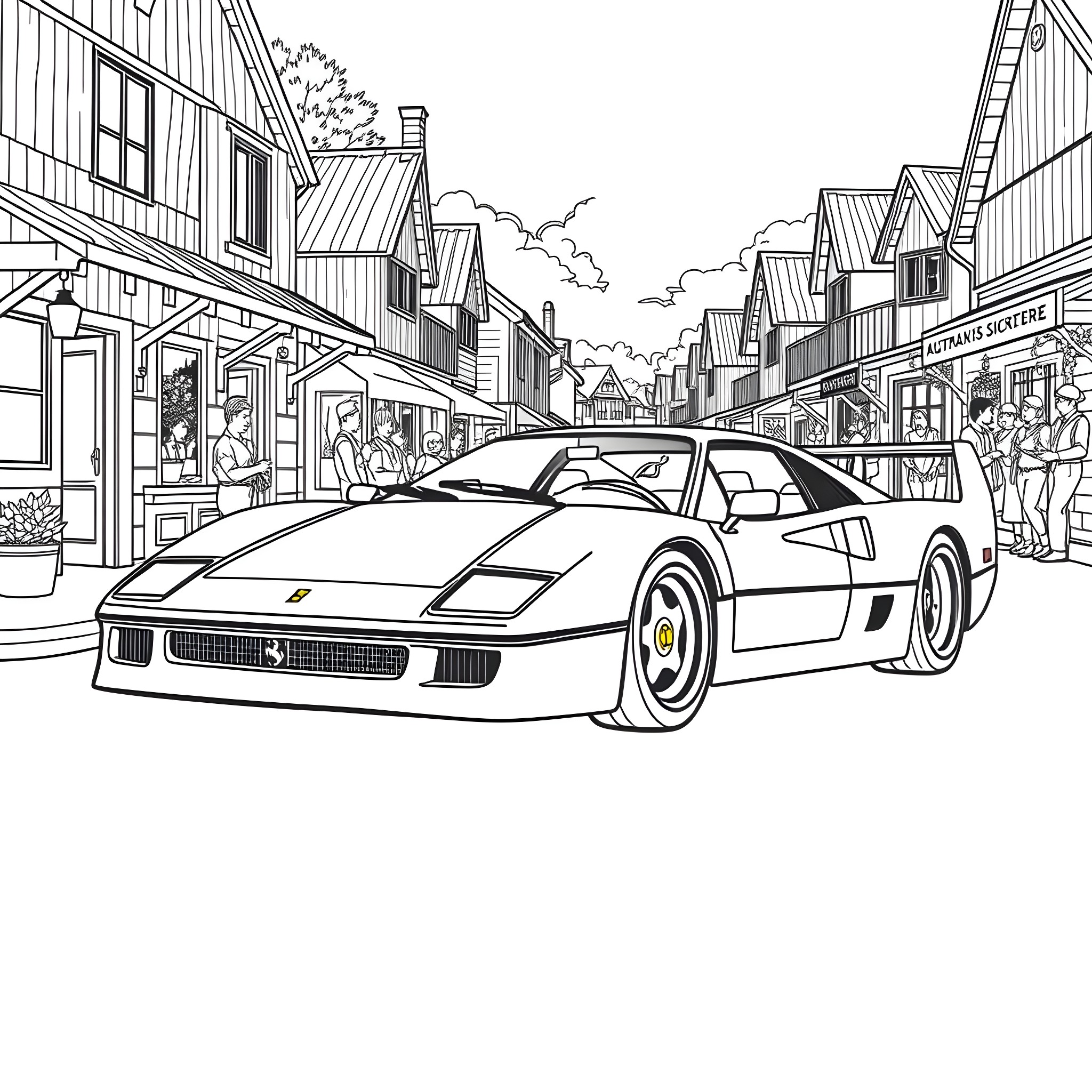Ferrari sports car on a city street Coloring Page (free black-and-white line drawing printable PDF for all, from beginners to advanced learners, including children, teens, adults, and seniors)