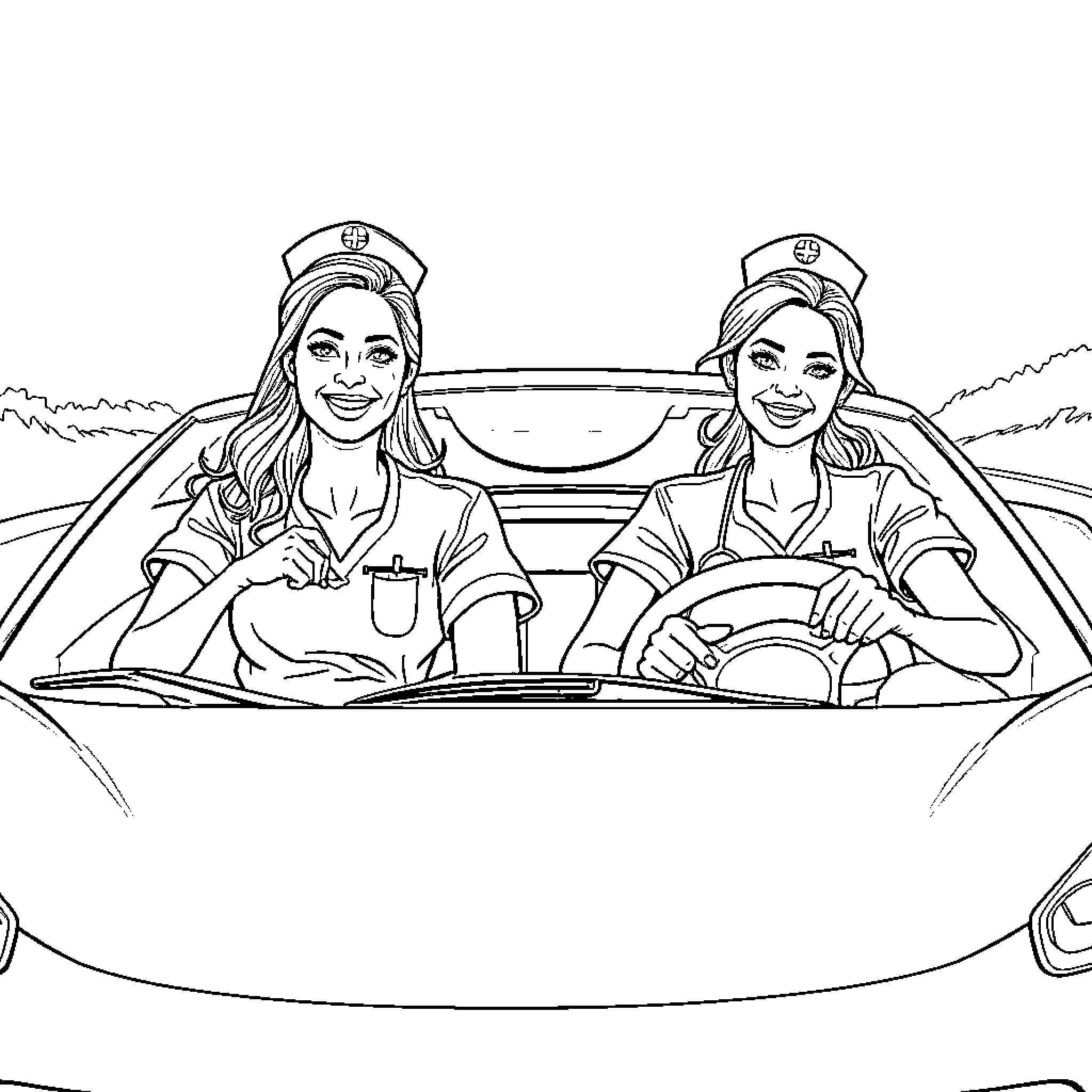 Nurses enjoying a drive in their vehicle Coloring Page (free black-and-white line drawing printable PDF for all, from beginners to advanced learners, including children, teens, adults, and seniors)