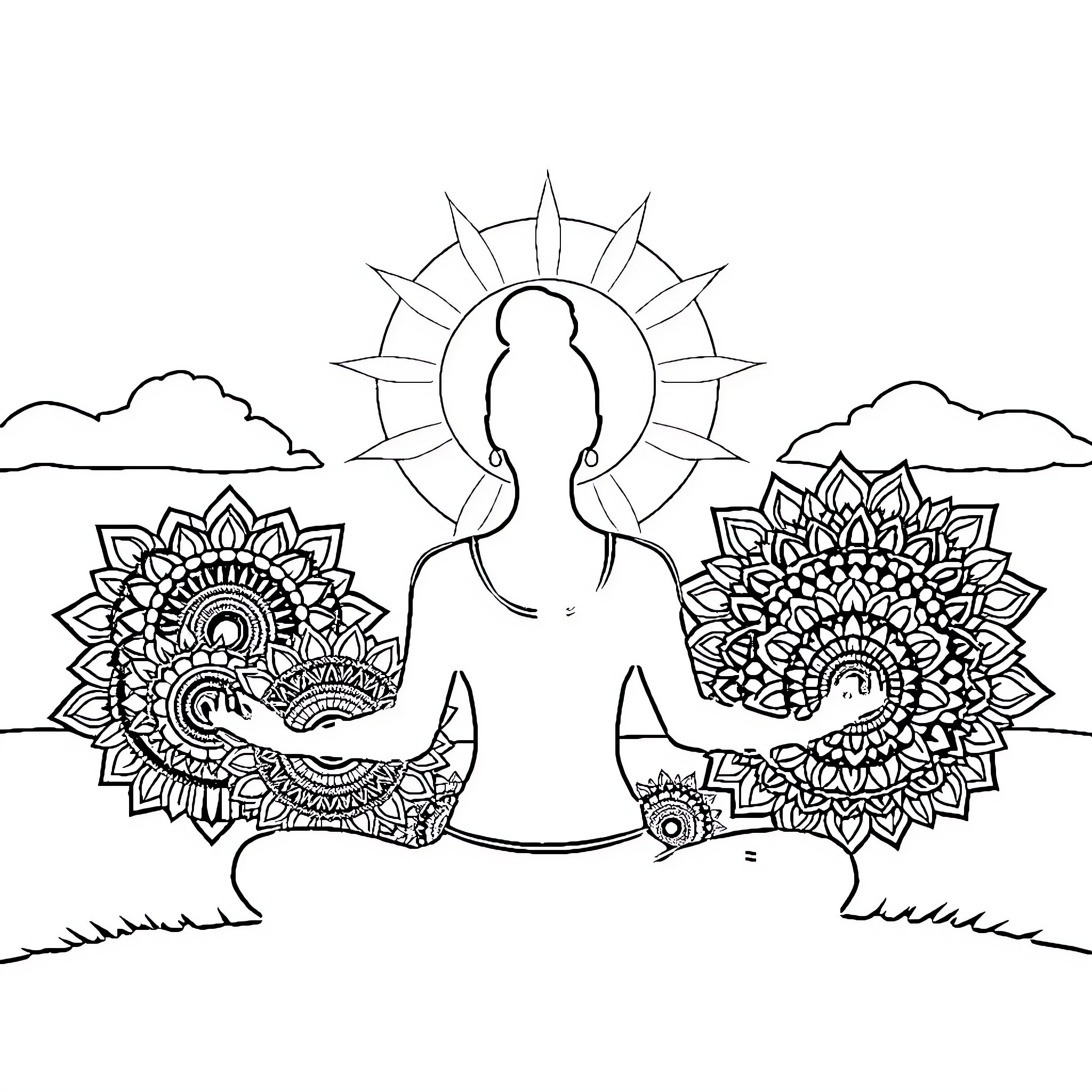 Woman meditating in peaceful nature landscape Coloring Page (free black-and-white line drawing printable PDF for all, from beginners to advanced learners, including children, teens, adults, and seniors)