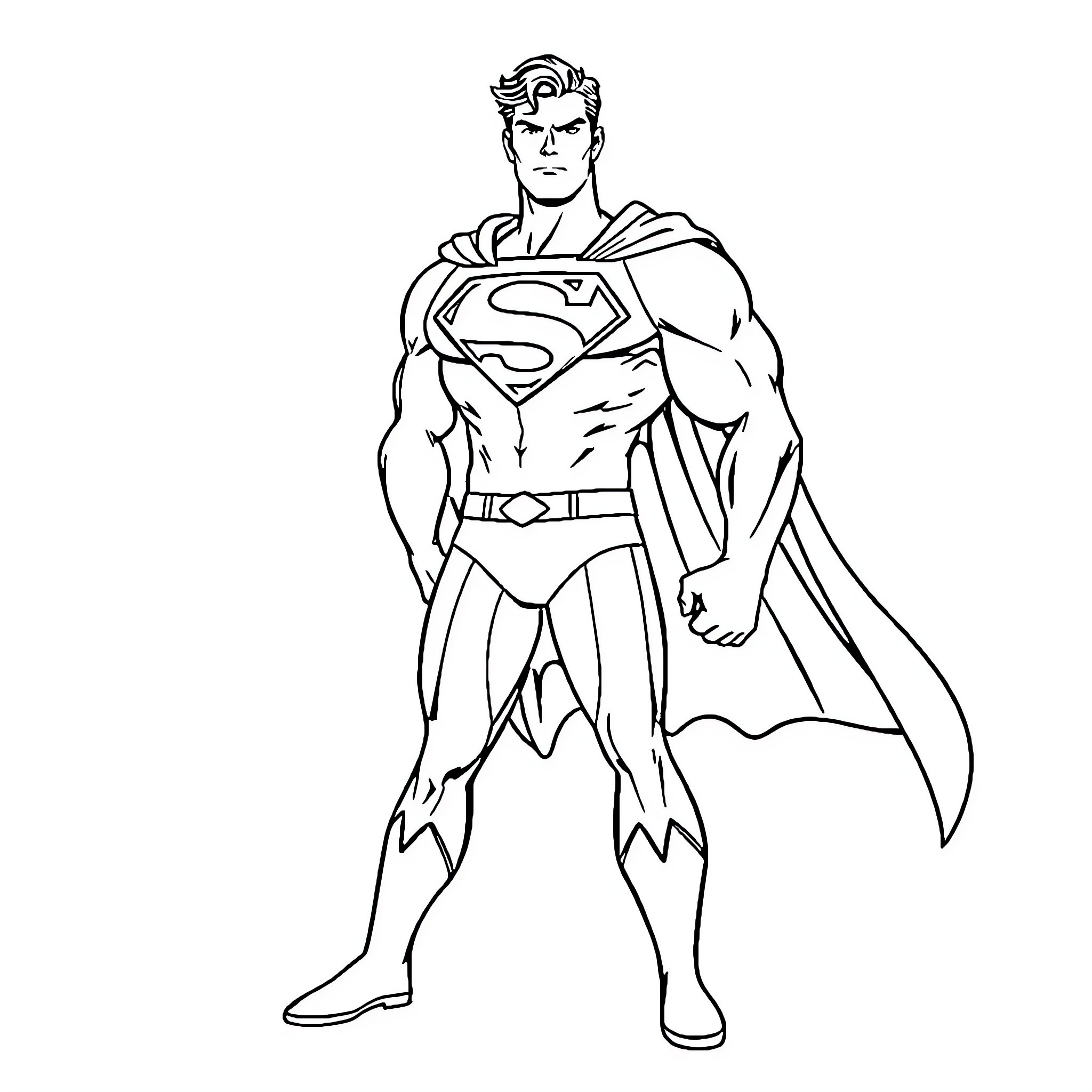 Superman in heroic pose with iconic outfit Coloring Page (free black-and-white line drawing printable PDF for all, from beginners to advanced learners, including children, teens, adults, and seniors)
