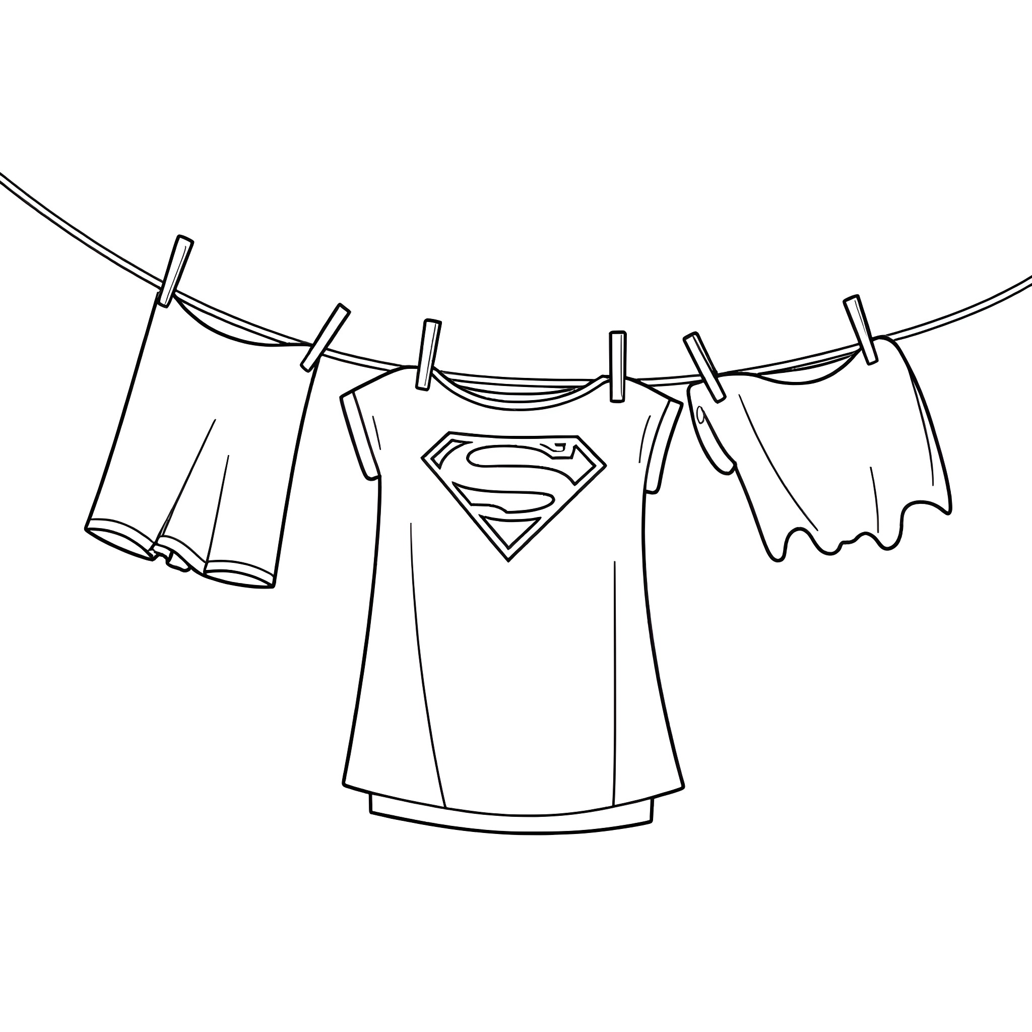 Superman's clothes drying on the clothesline Coloring Page (free black-and-white line drawing printable PDF for all, from beginners to advanced learners, including children, teens, adults, and seniors)