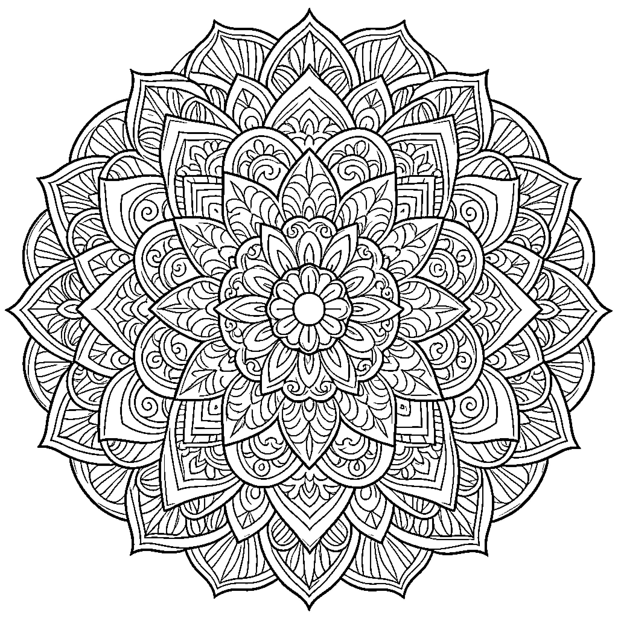 Mandala of intricate floral patterns and geometric shapes Coloring Page (free black-and-white line drawing printable PDF for all, from beginners to advanced learners, including children, teens, adults, and seniors)