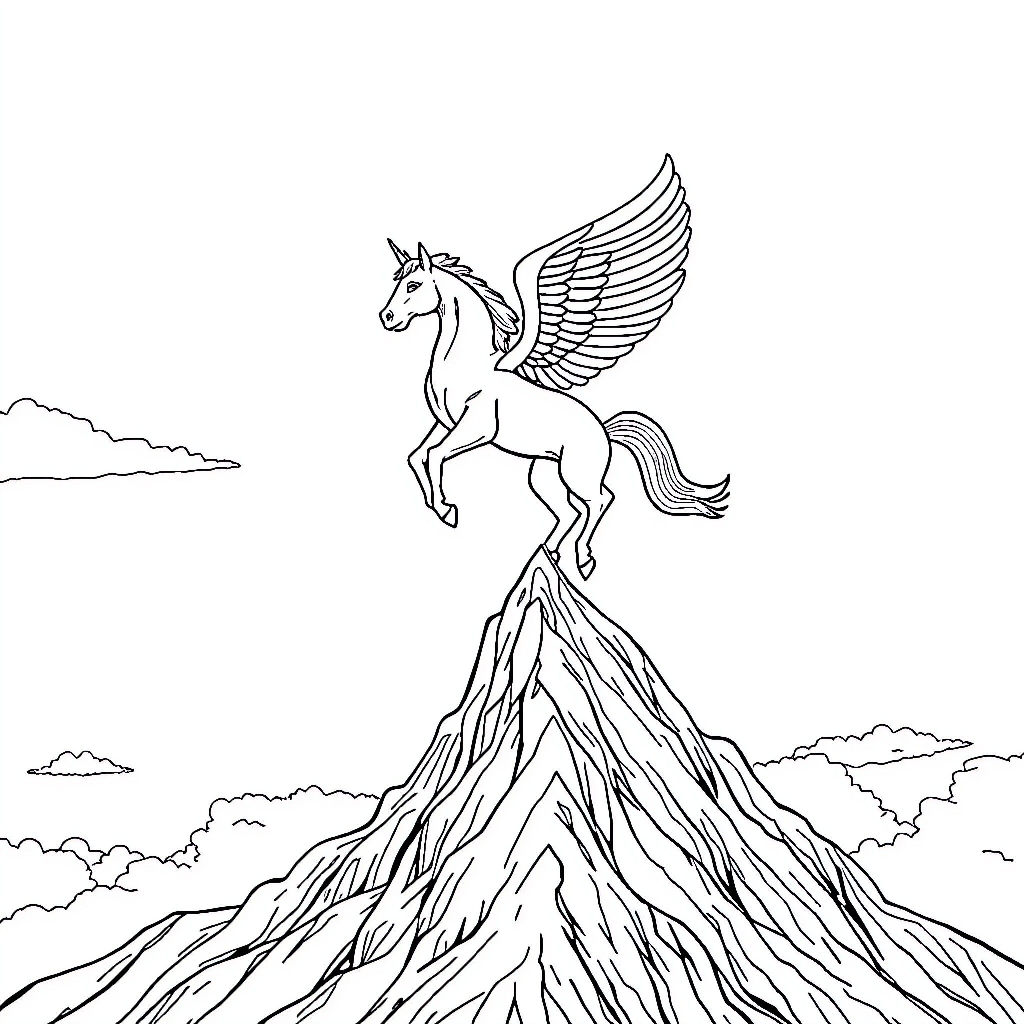 Pegasus soaring over majestic mountain peaks Coloring Page (free black-and-white line drawing printable PDF for all, from beginners to advanced learners, including children, teens, adults, and seniors)