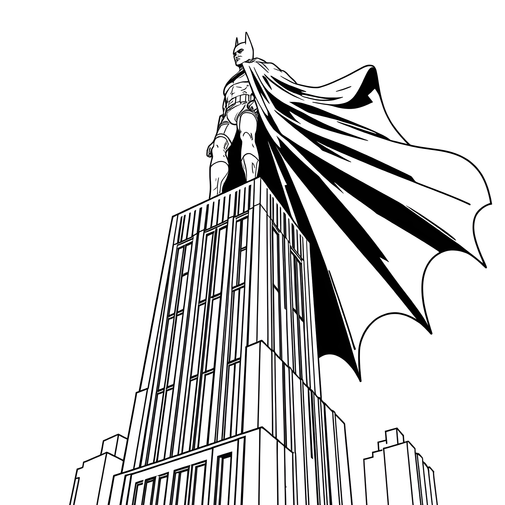 Batman standing tall on a skyscraper Coloring Page (free black-and-white line drawing printable PDF for all, from beginners to advanced learners, including children, teens, adults, and seniors)