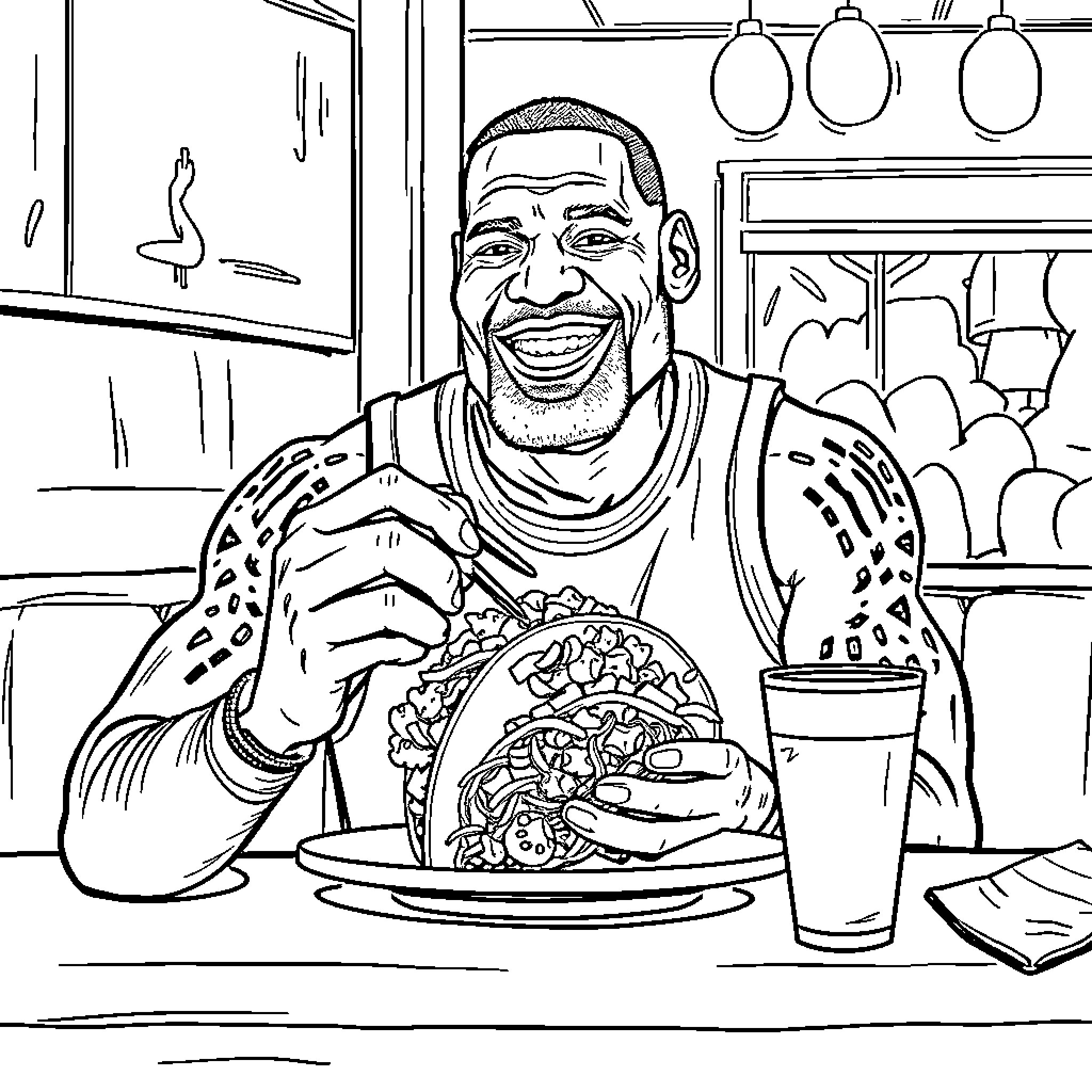 LeBron James enjoying a hearty meal in a diner Coloring Page (free black-and-white line drawing printable PDF for all, from beginners to advanced learners, including children, teens, adults, and seniors)