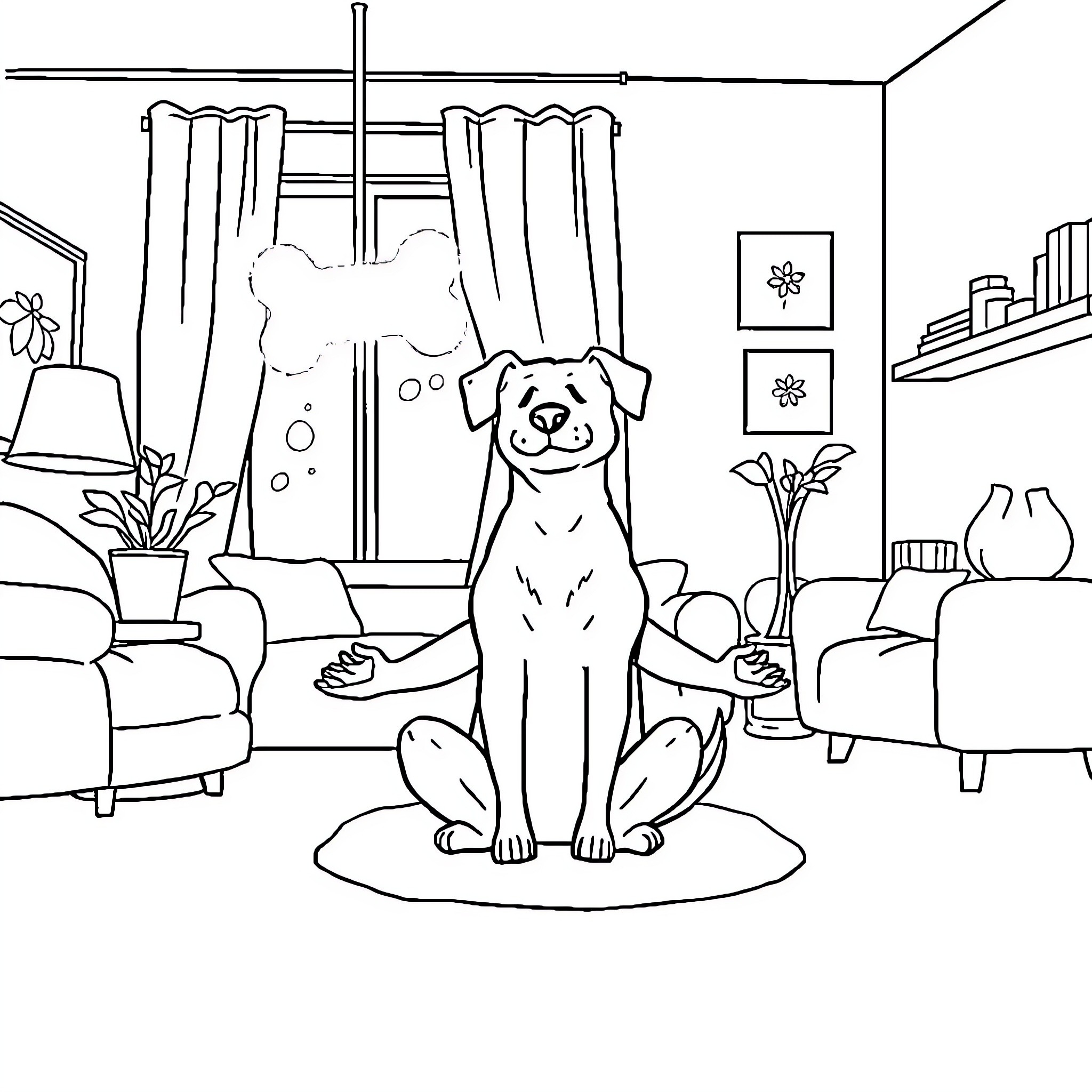 Dog sitting calmly in cozy living room Coloring Page (free black-and-white line drawing printable PDF for all, from beginners to advanced learners, including children, teens, adults, and seniors)