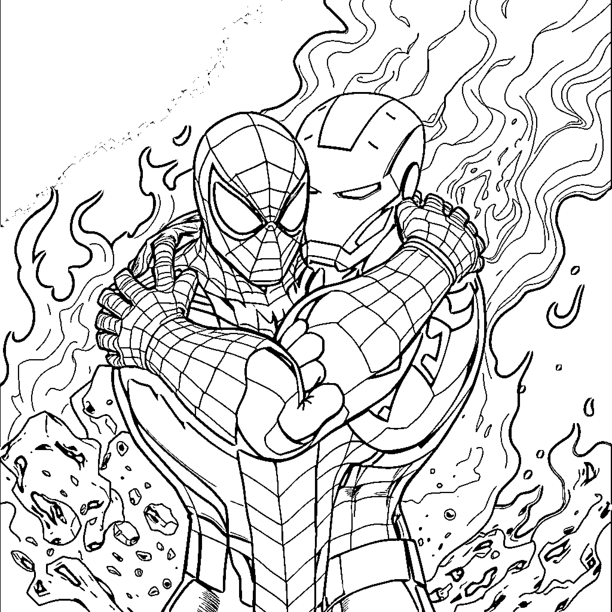 Spider-Man in Heroic Action with Fiery Surroundings Coloring Page (free black-and-white line drawing printable PDF for all, from beginners to advanced learners, including children, teens, adults, and seniors)