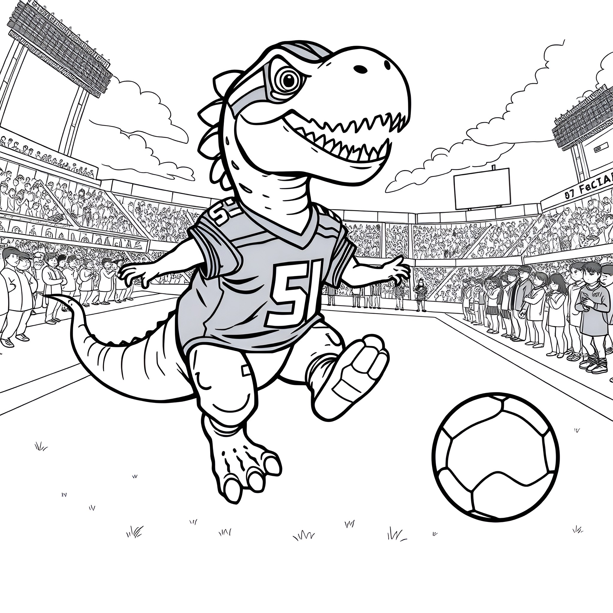 Dinosaur playing soccer in the stadium Coloring Page (free black-and-white line drawing printable PDF for all, from beginners to advanced learners, including children, teens, adults, and seniors)