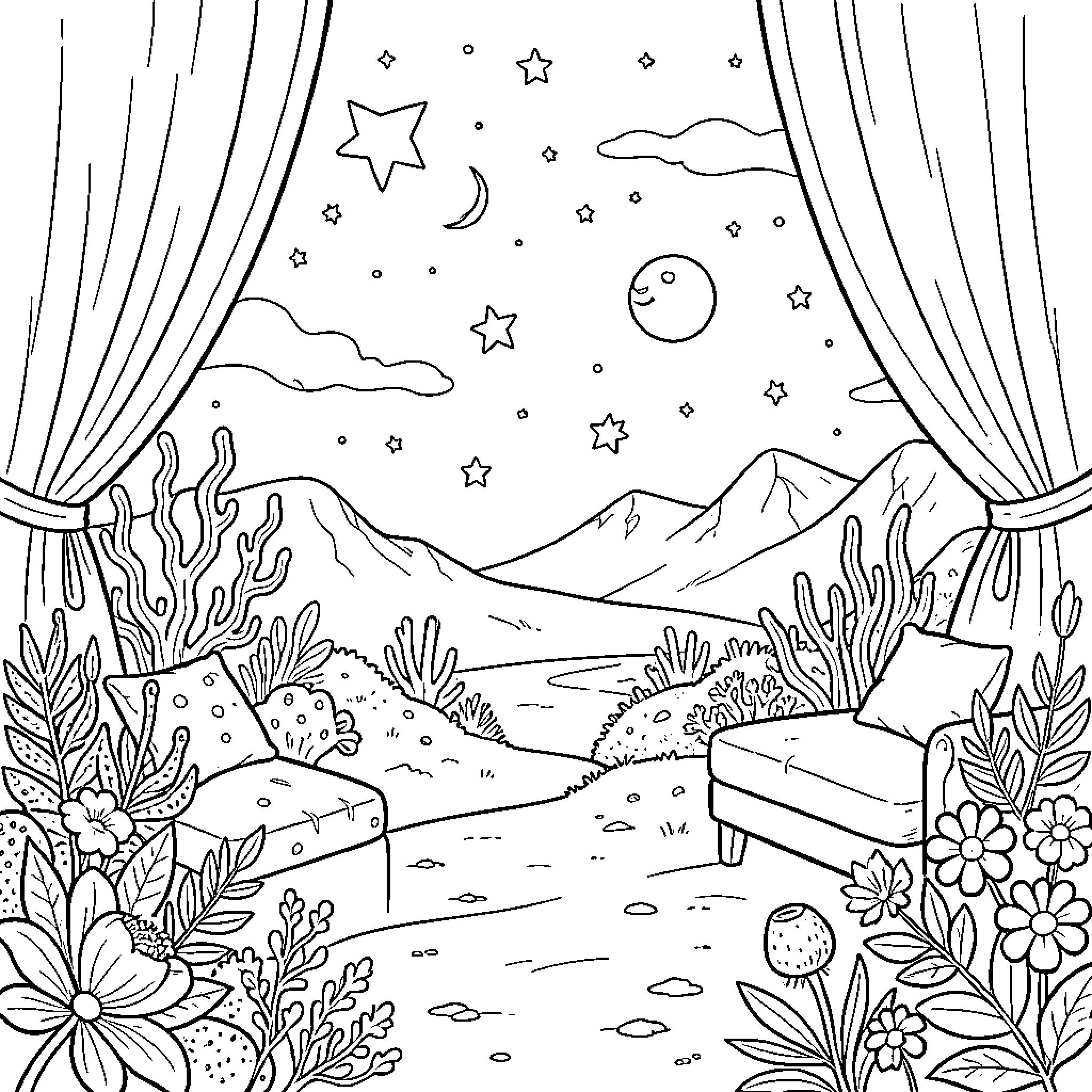 Aesthetic view of a starry night through curtains Coloring Page (free black-and-white line drawing printable PDF for all, from beginners to advanced learners, including children, teens, adults, and seniors)