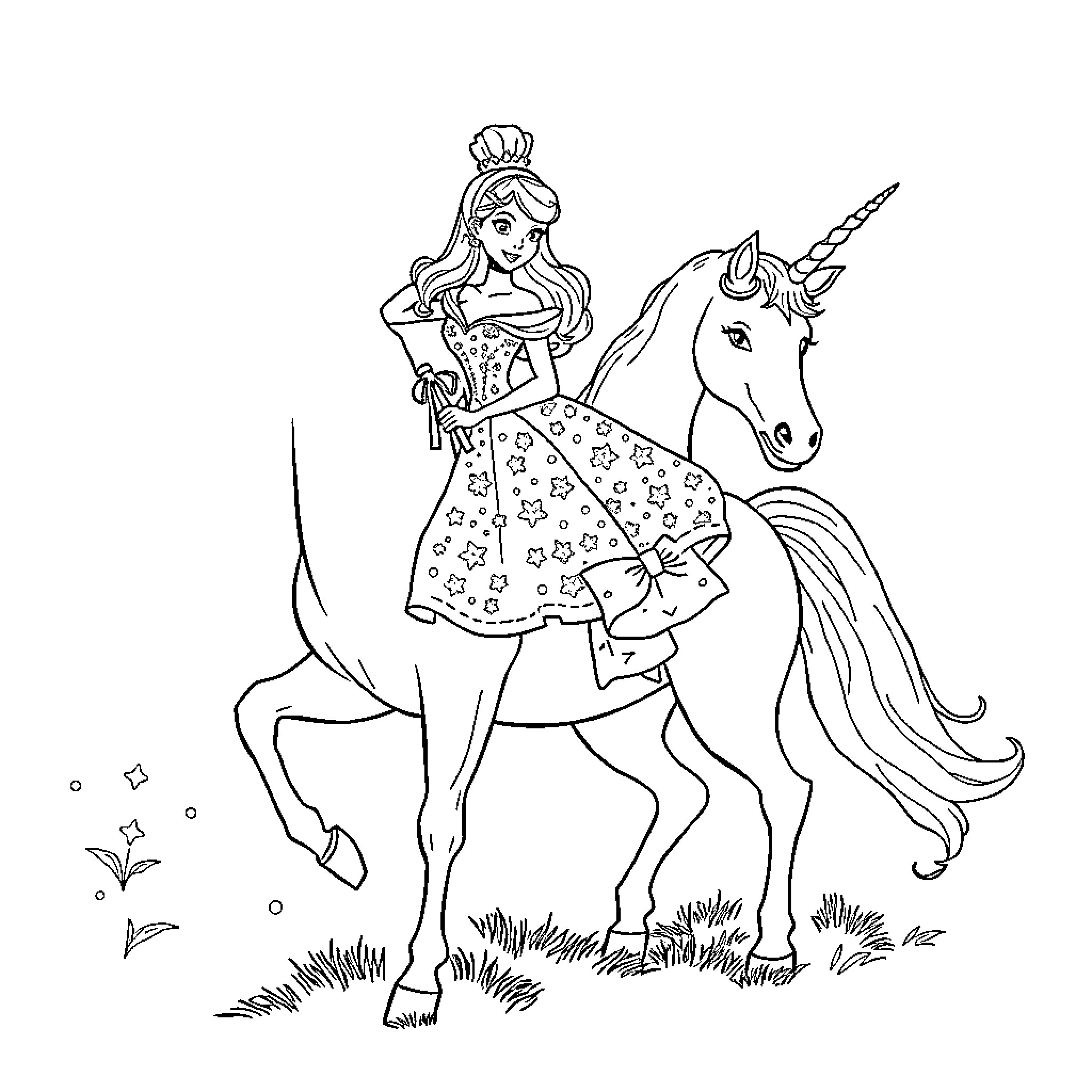Cinderella Riding Her Magical Unicorn Coloring Page (free black-and-white line drawing printable PDF for all, from beginners to advanced learners, including children, teens, adults, and seniors)