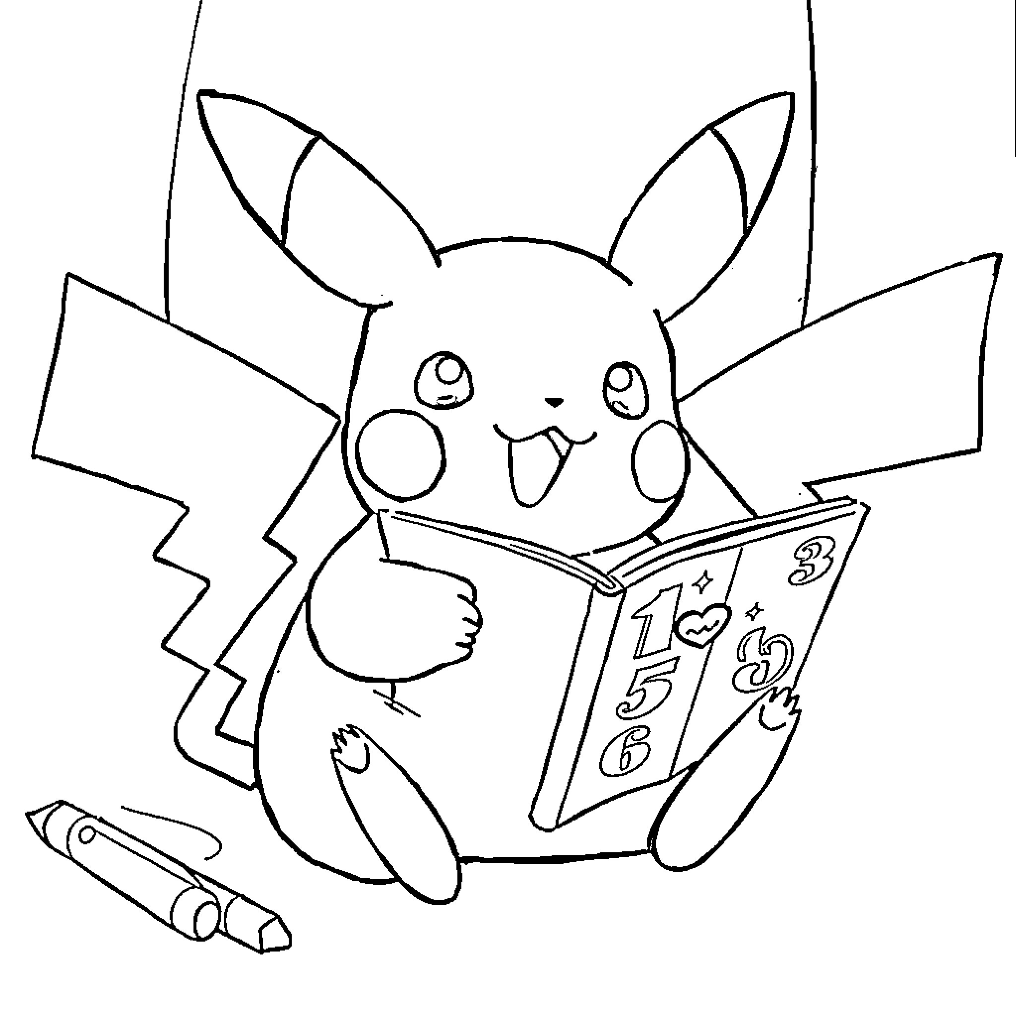 Pikachu reading a book happily Coloring Page (free black-and-white line drawing printable PDF for all, from beginners to advanced learners, including children, teens, adults, and seniors)