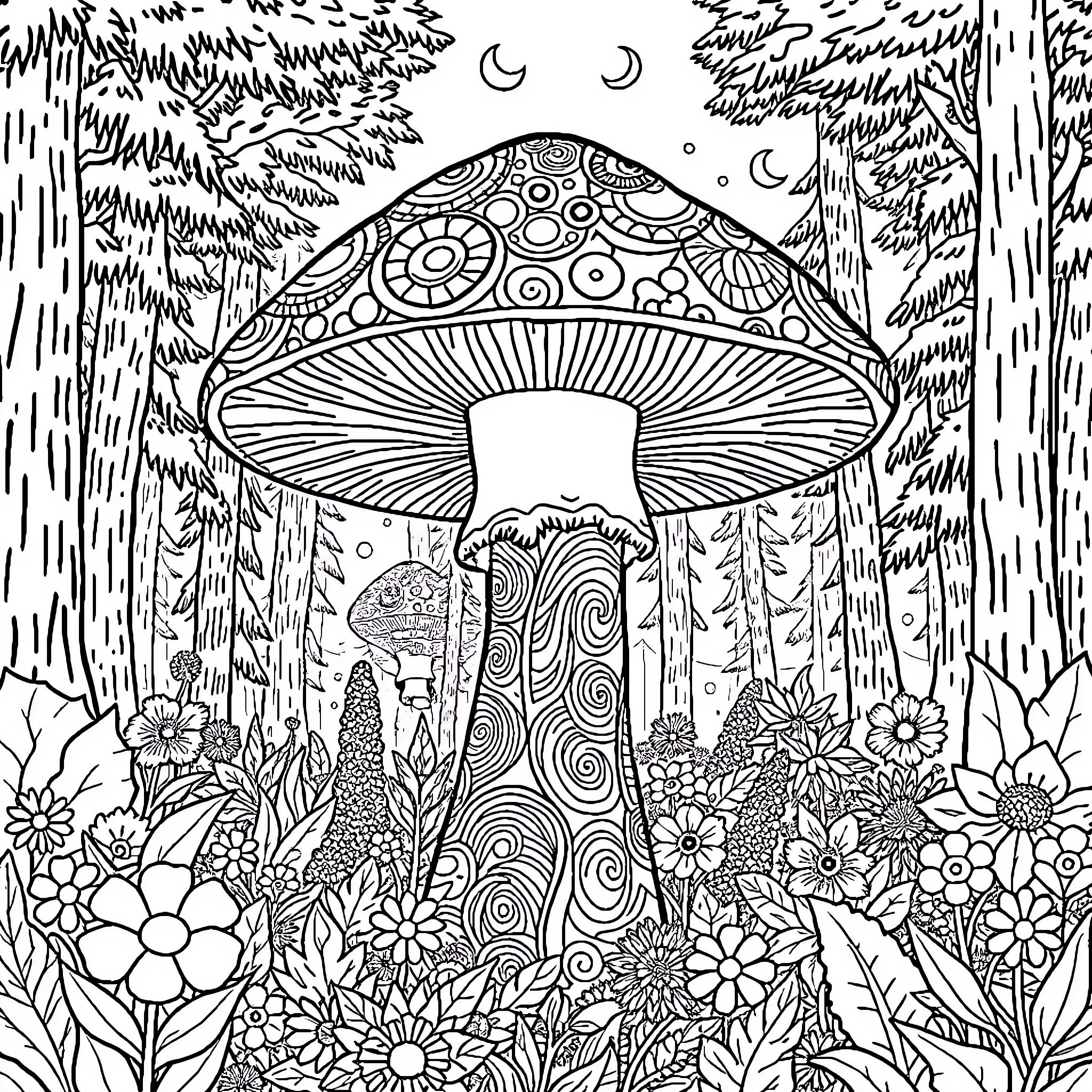 Mushroom Fantasy Forest Landscape Coloring Page (free black-and-white line drawing printable PDF for all, from beginners to advanced learners, including children, teens, adults, and seniors)