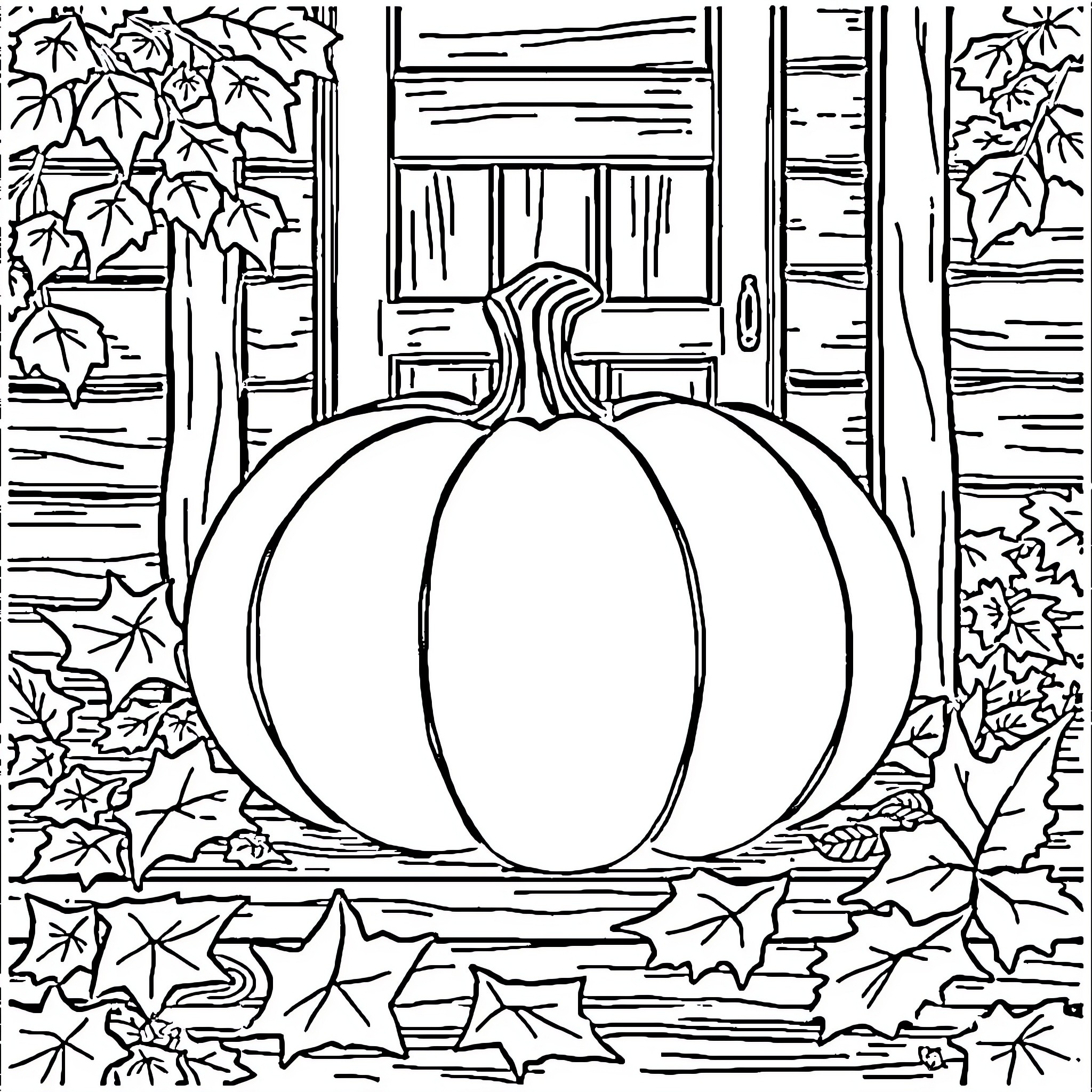 Pumpkin on Autumn Doorstep Coloring Page (free black-and-white line drawing printable PDF for all, from beginners to advanced learners, including children, teens, adults, and seniors)