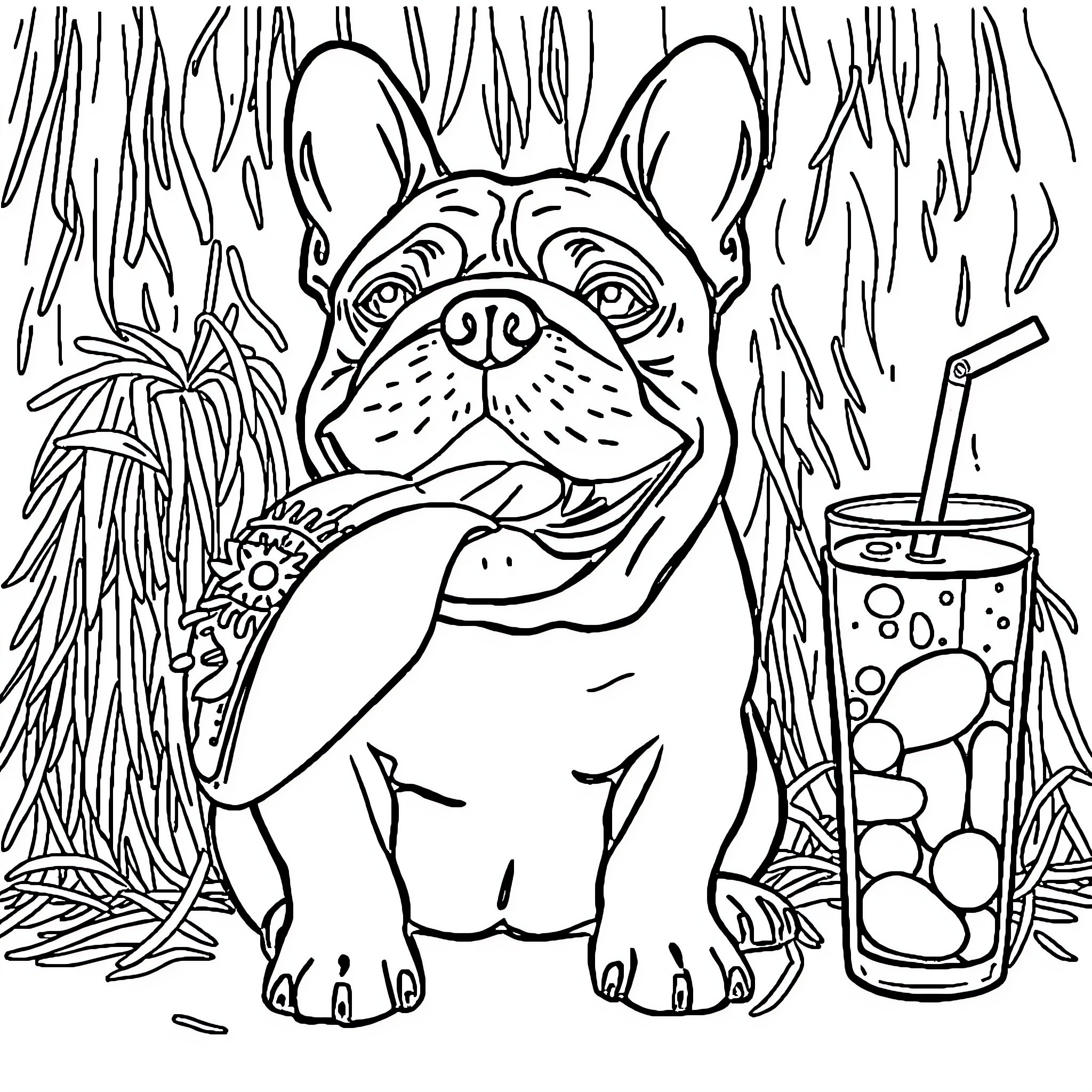 Bulldog enjoying a refreshing drink in the tropics Coloring Page (free black-and-white line drawing printable PDF for all, from beginners to advanced learners, including children, teens, adults, and seniors)